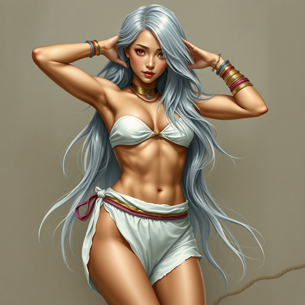 Girl, toned and muscular and has abs. silvery flowing hair. Her fingers and toenails are painted sky-blue. Her attire consists of a white primitive scant revealing two-piece bikini-like outfit with pale red, sky-blue, gold and purple bands on her neck, arms, wrists, shins, and ankles. Asian face. Sexy exaggerated pose. Hands behind head, exposing armpits. fantasy painting high contrast, well-drawn, highly detailed, and beautiful rendering.