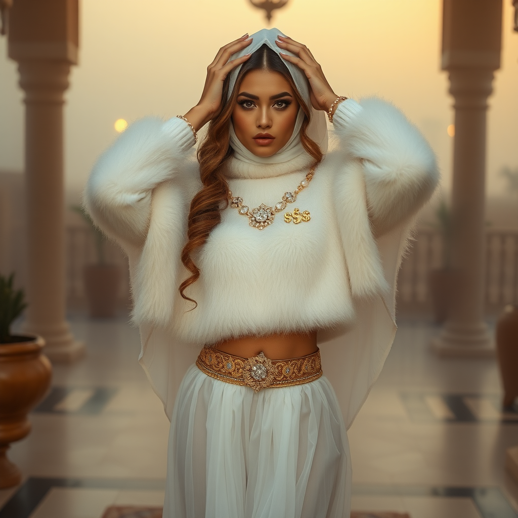 Kuwait desert palace harem patio misty dawn: Melissa, European 17 years old very convincing femboy “trophy-bimbo”, tamed servile docile, very beautiful feminine flawless face, rather short, by hormones very curvaceous womanly figured, heavily made-up eyes, wearing Supertanya-style fluffy very fuzzy bright white angora turtleneck-poncho cropped ending under bust decorated with pearls and gemstones, striking oriental wide gold bridal protection belt, white fully transparent harem pants, full Oriental bridal jewelry, face covered by white sheer full Burka, coin anklets, striking diamond “$$$” letter brooch on left chest, pout frustrated, seductively dancing hands over her head, looking at camera. Full view.