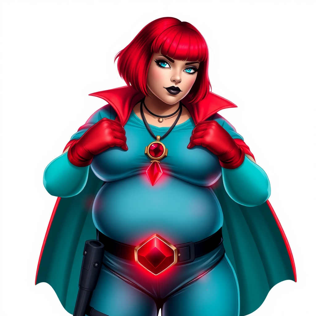 A 26-year-old, full-figured, magical girl vigilante detective becomes the heavily pampered mystical ally of her cyberpunk vigilante older brother figure. She has a bright red bob cut, black lipstick, and piercing bright blue eyes. She has a new non-athletic build, now highlighted by a prominent, round, gargantuan midsection (fully focused on her gargantuan belly), which shows the aftermath of her new pampered lifestyle. Despite her pampered physique, she shows full confidence. She wears a magical girl detective costume consisting of a gargantuan, magical, tight-fitting, maximum turquoise t-shirt (accentuating and emphasizing her gargantuan belly), maximum turquoise biker pants, complemented by a glowing neon red cape, a mystical ruby amulet (which is the source of her mystical powers), and magical red gloves glowing neon red. Her magical girl detective costume covers all her skin and emphasizes her full-figured physique (especially her gargantuan belly). Her stance is firm and resolute, arms crossed, exuding a no-nonsense attitude. Her costume reflects the influence of DC New 52 Prime Earth’s Phantom Lady, Jennifer Knight, while her pose embodies the moral ambiguity and determination reminiscent of DC’s Pax Americana’s The Question. She is on a solid white background. She is drawn as if she was in a retro 2D cyberpunk fighting game. She is clearly non-athletic, with a focus on her full-figured physique (especially her gargantuan belly). Make sure that her t-shirt covers all of her bare skin (especially her gargantuan belly).