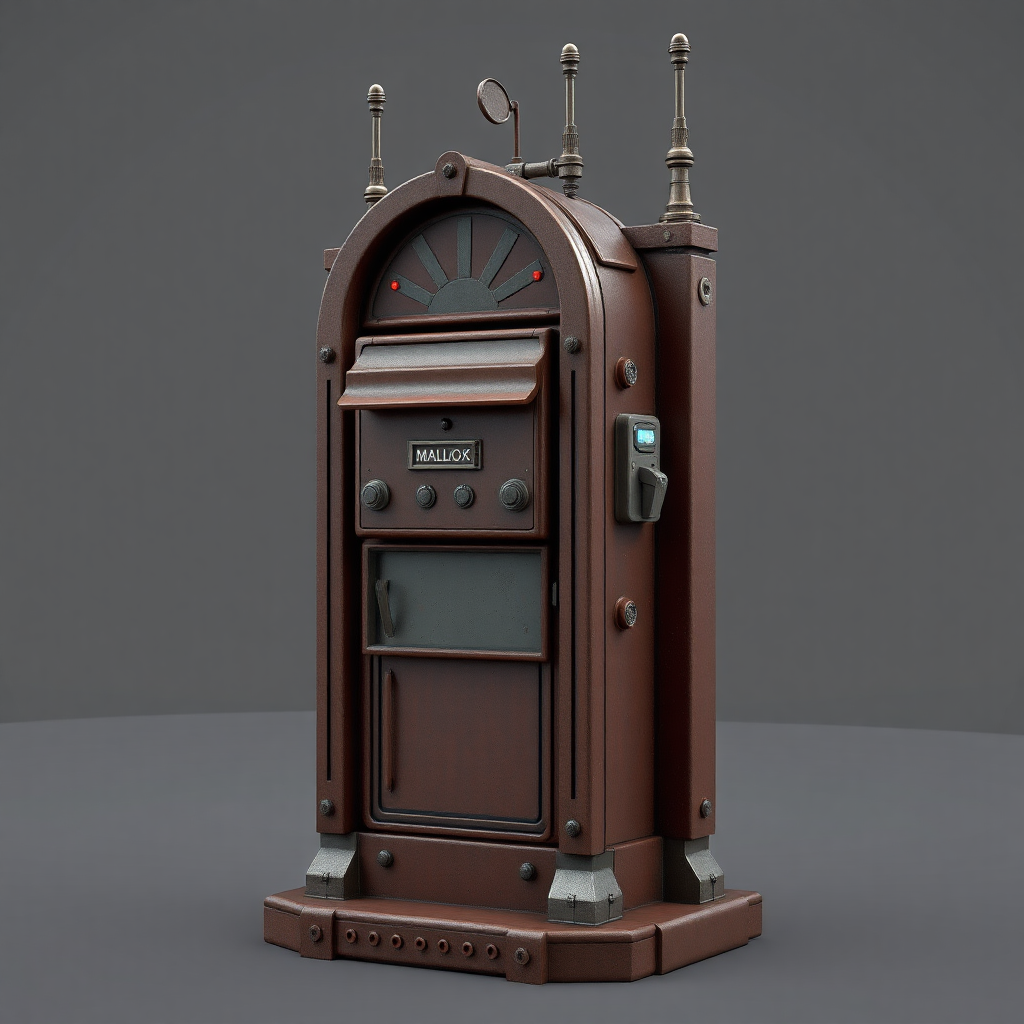 A full shot image of a stand, 3d model in unreal engine of a scifi interdimensional mailbox with antennas, small lights and buttons. super rustic, futuristic.