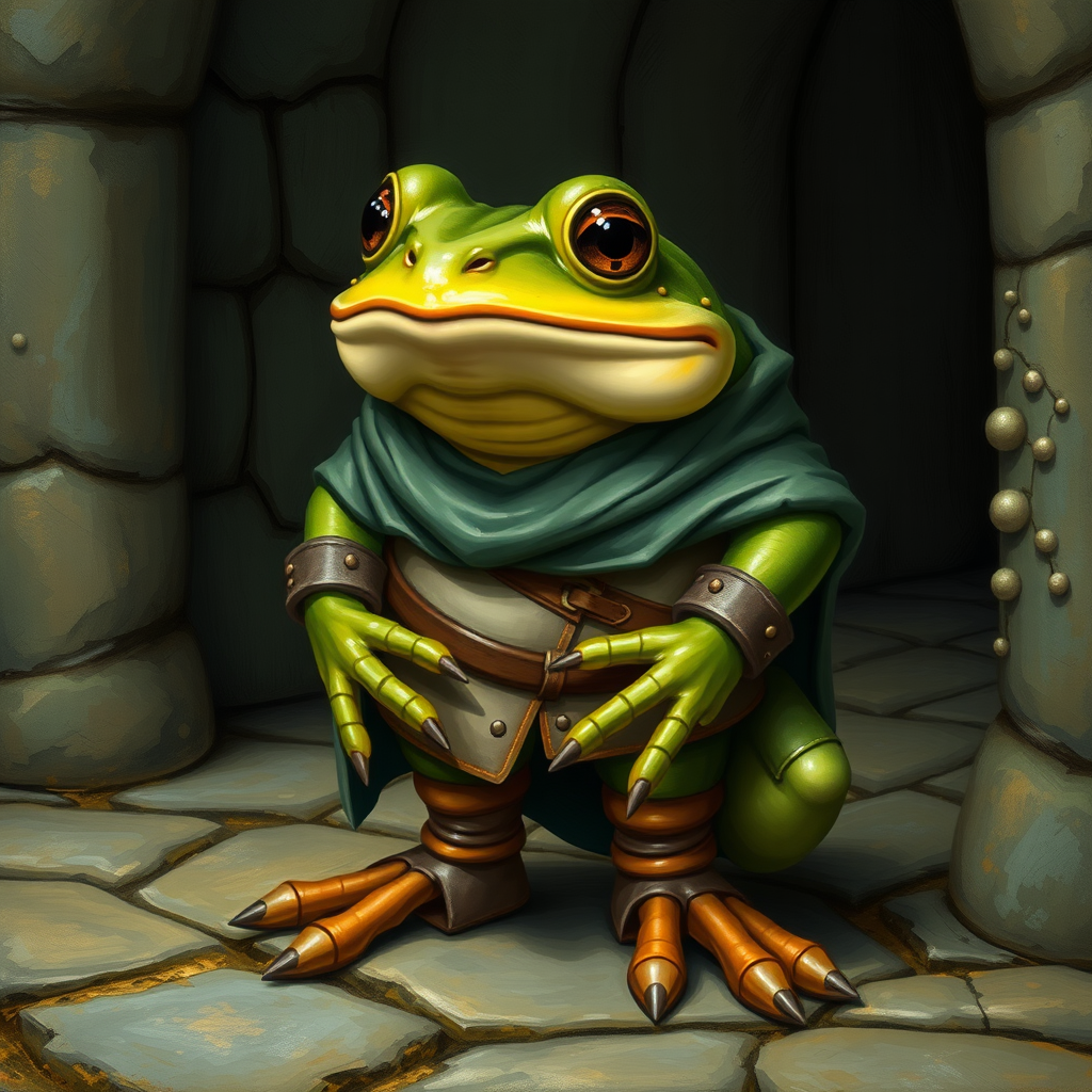 Anthropomorphic frog in a medieval setting and clothing and shoes