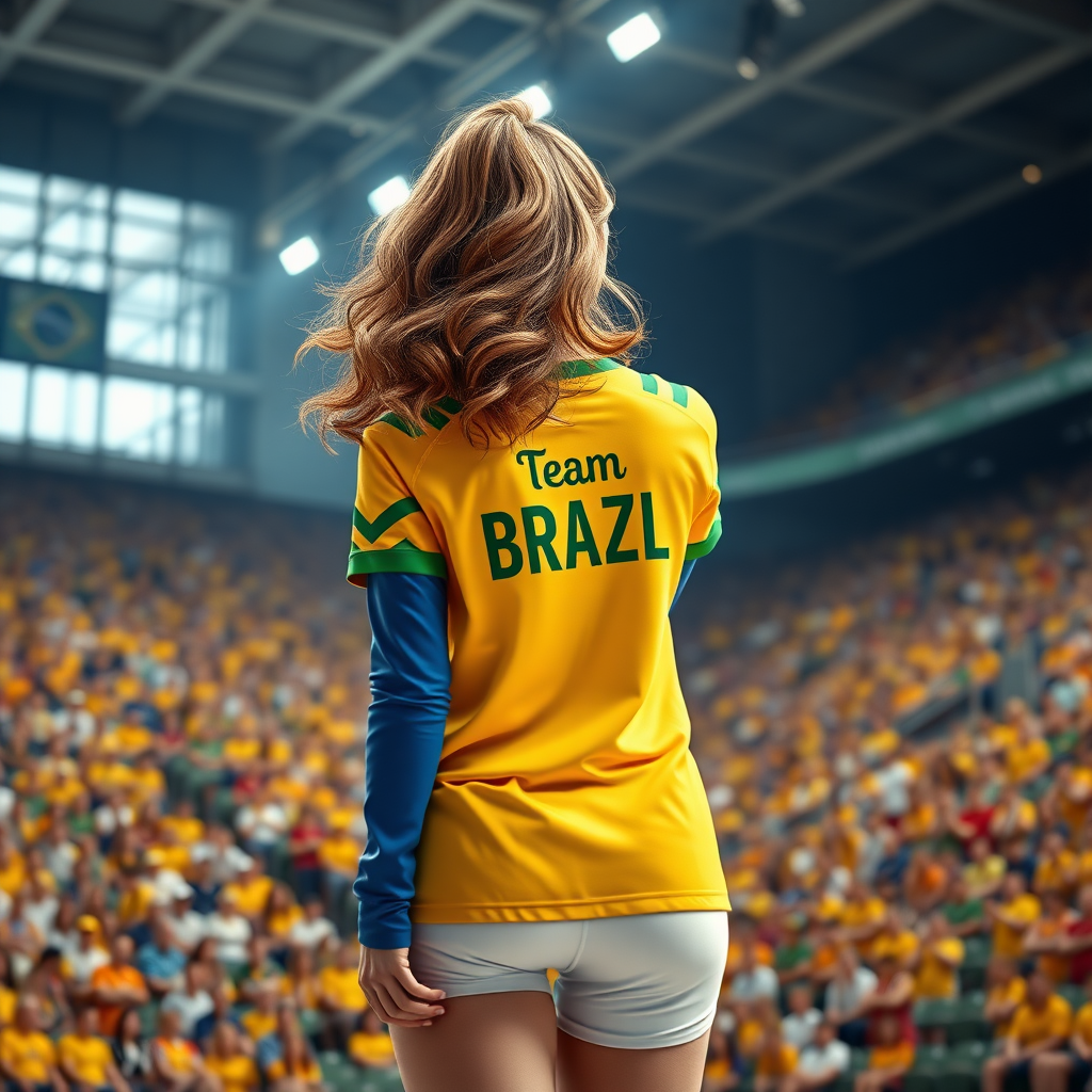 Generate a photorealistic digital image of a high-school cheerleader girl in an indoor stadium filled to capacity. The girl should be facing away from the camera, with her wavy hair styled in a dynamic, motion-conveying manner, and posed in an energetic and fluid stance in a natural posture. The girl should be wearing a yellow shirt with the words 'Team BRAZIL' written in white letters, and contrasting blue sleeves with white diagonal stripes, small green shoulder epaulets, and white sneakers. Ensure the image is highly detailed and accurate, with realistic textures, lighting, shading, and reflections that simulate real-life conditions, including accurate rendering of light, color, and textures. The overall aesthetic should be vibrant, engaging, and captivating, conveying a sense of energetic dynamism and joyful movement.