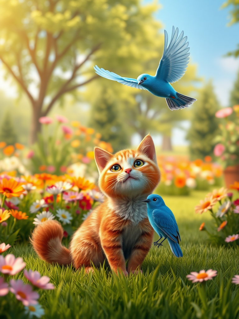 In a vibrant garden, depict a cute Brown Cat and a cheerful Blue Bird, embarking on an adventure together. The garden is filled with colorful flowers and lush green trees. The Brown Cat is sitting on the grass while the Blue Bird is flying above, creating a warm and joyful atmosphere. Render this in realistic 4K detail.