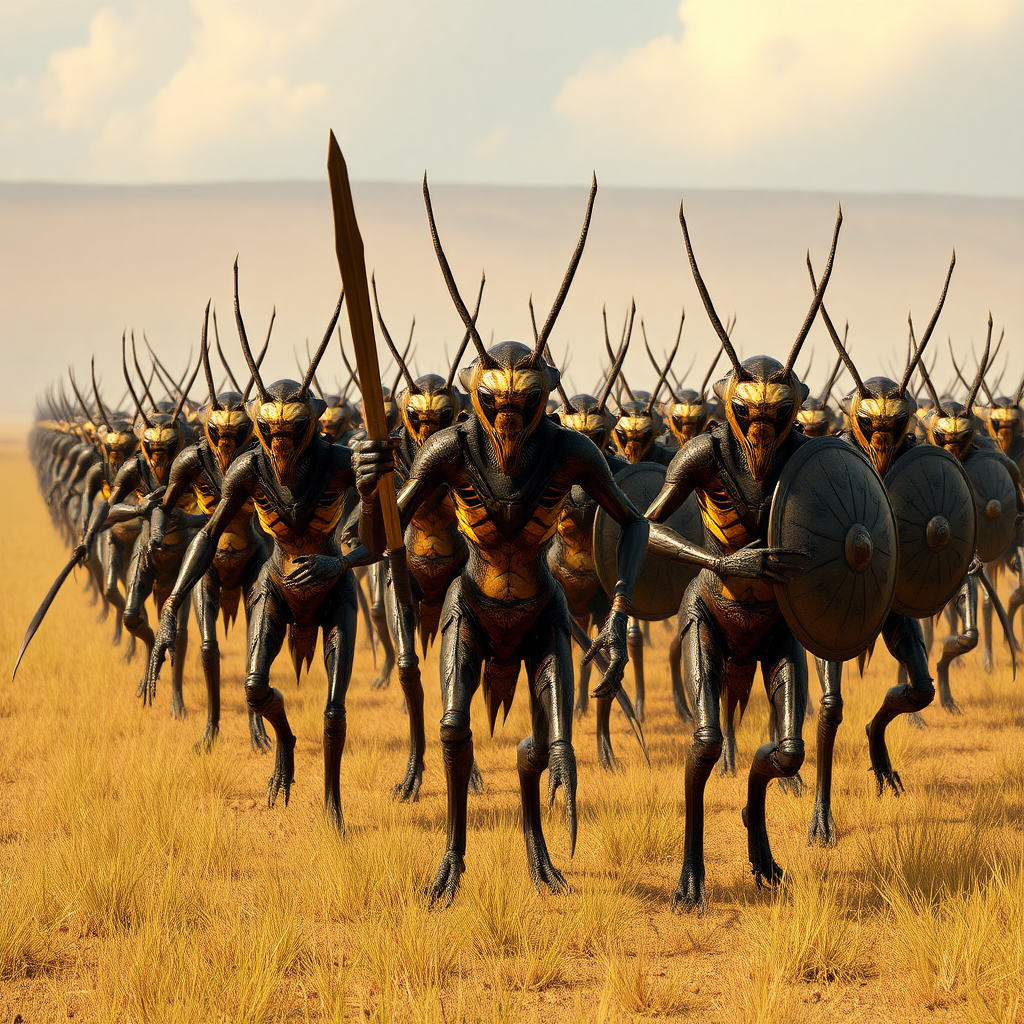 An army of bipedal insect aliens, marching across savannah, armored, sword and shield, realistic.