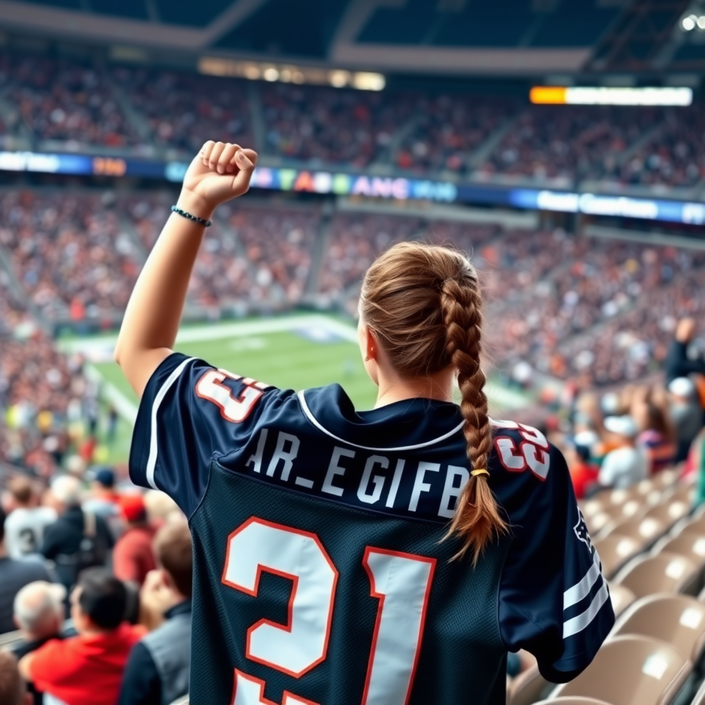 Attractive female NFL fan, pigtail hair, inside crowded bleacher, holding up spare jersey, cheer, NFL stadium