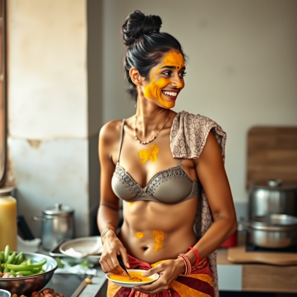 A skinny, happy, 30 year old, traditional Indian wife with hair bun, wearing a bra, skirt and a short towel on her shoulder. She is preparing food in the kitchen. Her face is covered with turmeric face mask.