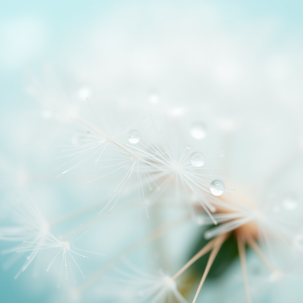 Close-up of delicate dandelion seeds adorned with sparkling water droplets, creating a dreamy atmosphere. The background features a soft gradient from teal to light turquoise, enhancing the ethereal quality. The seeds are translucent with fine, intricate details, while the water droplets capture and reflect light, adding depth and highlights. Soft bokeh effects blend harmoniously in the background, creating a serene, impressionistic aesthetic. Overall, the scene evokes a sense of tranquility and delicate beauty in nature.