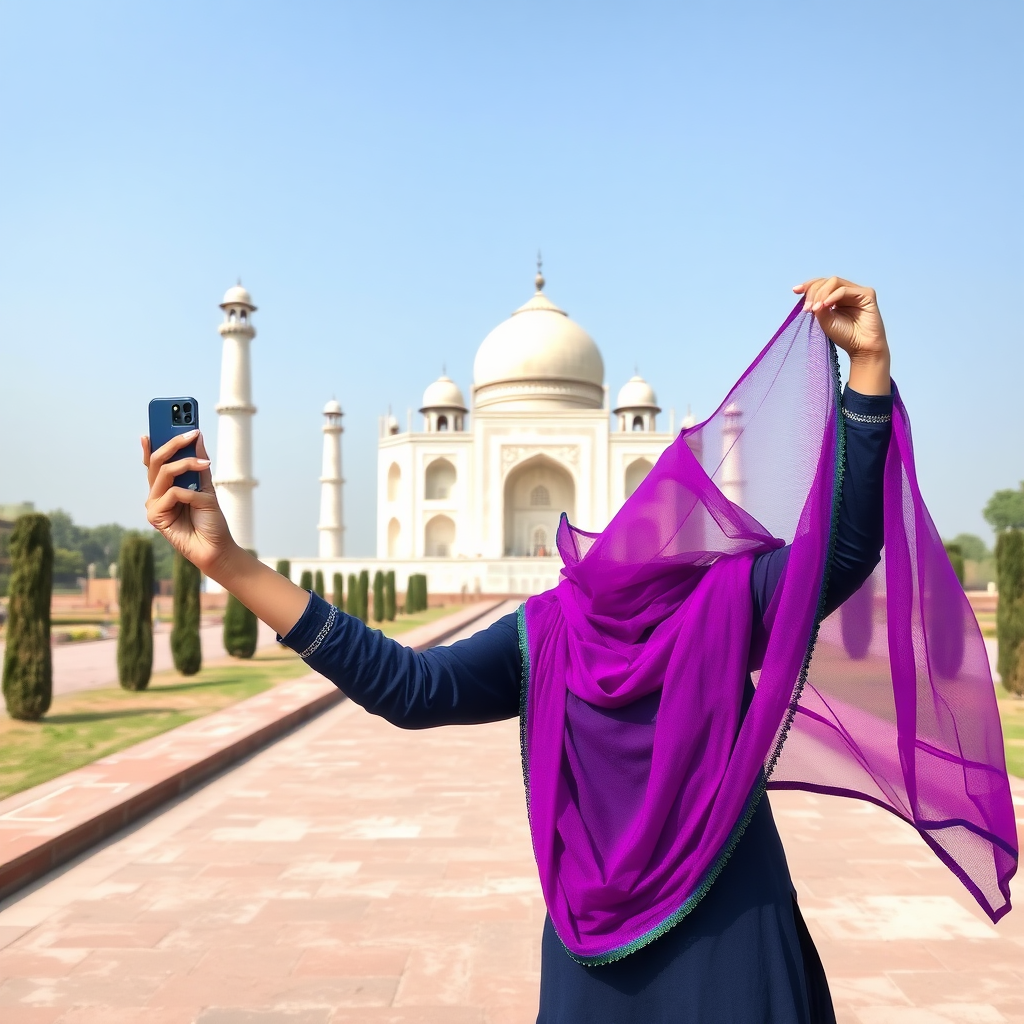 A 20 year old model in navy blue kurti with mesh violet dupatta taking photo in front of Taj Mahal, high contrast, photography taken according to the rules of photography, azure sky, taken from low angle.