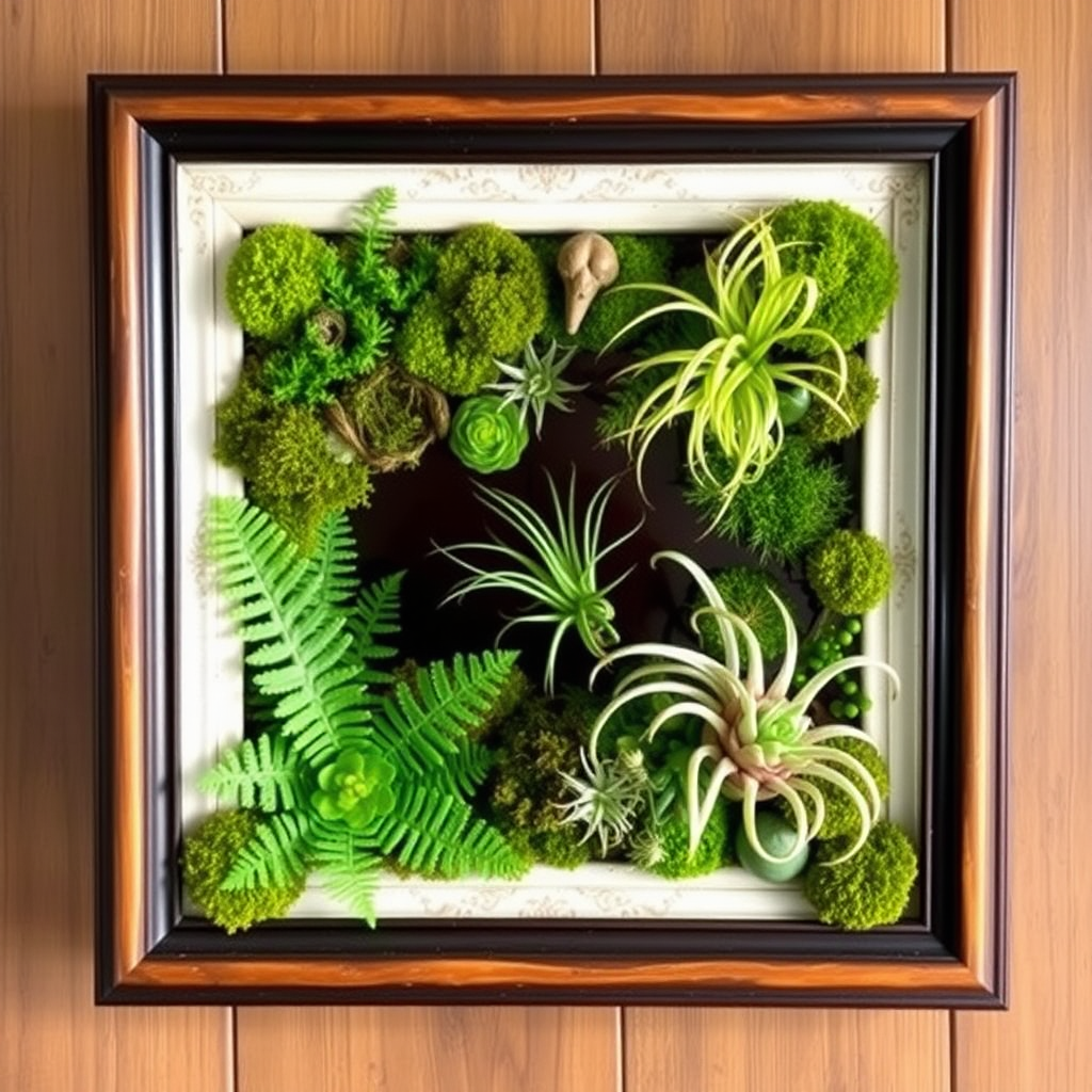 A picture frame is filled with ferns, moss, and air plants.