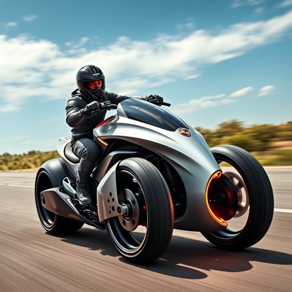 Futuristic custom motorbike, Porsche style, wide tire, bold, with driver, road motion blur