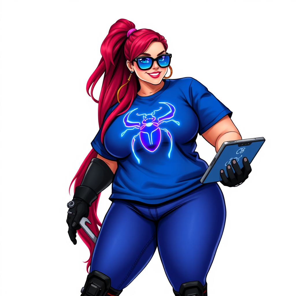 A 28-year-old, full-figured computer hacker and tech wiz, she is the girlfriend of a cyberpunk vigilante. Her long ruby red ponytail, and striking, bright blue eyes make her stand out. Her wrecking ball-sized midsection, sequoia-sized limbs, and broad shoulders define her full figure, which has been heavily pampered by her doting boyfriend. Her nerdiness is blatantly obvious, and she serves as her boyfriend’s tech expert.

As the loyal and supportive sidekick, she plays a crucial role in their missions, using her digital and technological prowess to assist and protect. She wears an oversized maximum blue t-shirt adorned with a glowing neon blue beetle chest icon, black oversized eyeglasses, matching maximum blue biker pants, and black high-tech gloves. She beams with a neon red blush, holding a futuristic wrench and a digital holographic tablet. She is on a solid white background. She is drawn as if she was in a retro 2D cyberpunk fighting game.