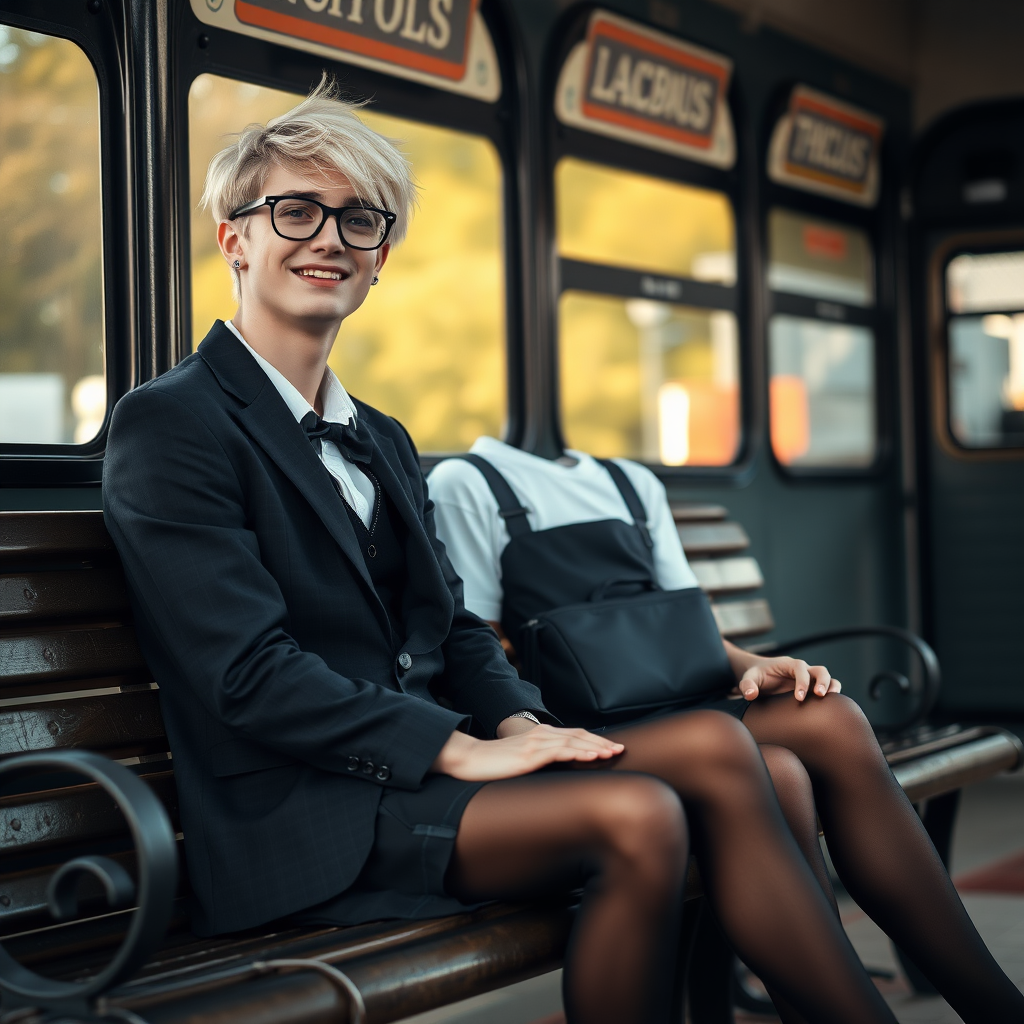 photorealistic, ultra high resolution, 16K, surreal fantasy, soft studio lighting, a pretty 18 year old goth male, slim male physique, short blonde hair, black glasses, goth makeup, earrings, shiny black pantyhose, UK girls-school uniform, Mary-Jane shoes, sitting on his boyfriend's lap on a bench waiting for the school bus, in daylight, excited smile, facing the camera.