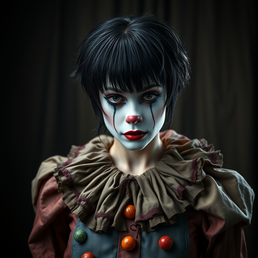 A full-body portrait of a melancholic clown woman, captured with breathtaking photorealistic detail reminiscent of an oil painting. The subject has short, shaggy black hair with bangs, framing her face in a disheveled manner. Her makeup is exaggerated and theatrical, with bold colors and dramatic lines that emphasize her sad expression. Tears glisten on her cheeks, catching the light and adding to the emotional impact. The woman wears an elaborate, yet tattered clown costume, rich in texture and intricate details. The fabric's folds, creases, and worn patches are rendered with exceptional clarity, showcasing the craftsmanship of the image. Her posture conveys a sense of weariness and resignation, adding depth to the character. The background is a dimly lit, vintage circus tent or backstage area, with muted colors and soft shadows that contrast with the vibrant hues of the clown's attire. Subtle elements of fantasy are woven into the scene, inspired by Brian Froud's whimsical style. The lighting is dramatic and moody, reminiscent of Jeremy Mann's atmospheric works, with strong chiaroscuro effects that highlight the contours of the clown's face and costume. This creates a striking interplay of light and shadow, enhancing the emotional intensity of the image. The overall composition draws inspiration from Harrison Fisher's elegant portraiture, balancing the theatrical elements with a sense of grace and refinement. Every detail, from the intricate patterns on the costume to the subtle reflections in the clown's eyes, is rendered with ultra-high resolution and photorealistic precision, creating a visually stunning and emotionally powerful image.