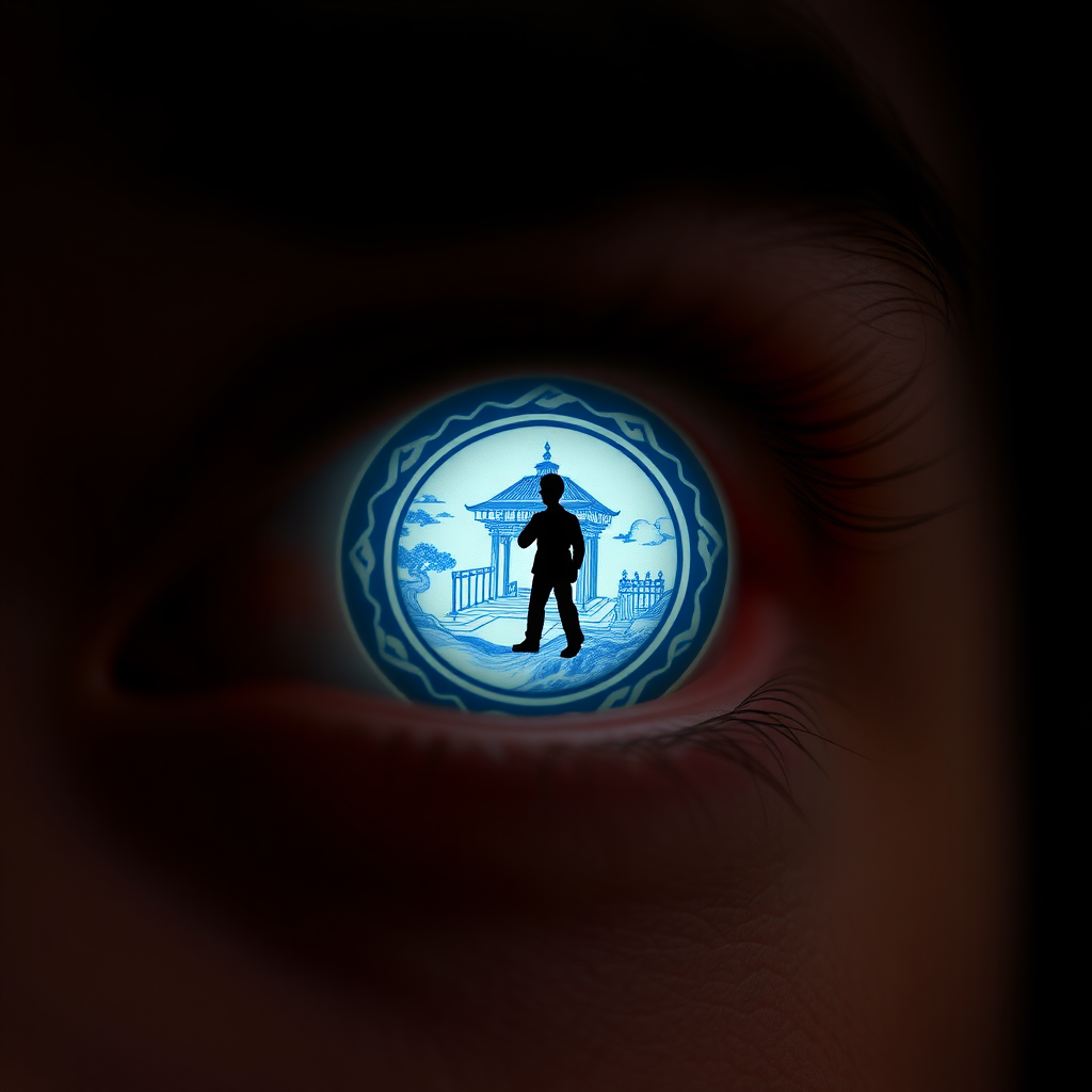 A close-up of eyes with lenses, The eye lens with traditional blue and white design Chinese blue white Design with a miniature man, trying to jump inside the lens looking like well. The composition emphasizes the eyes and its design, dark backdrop, with focused lights, looking up,