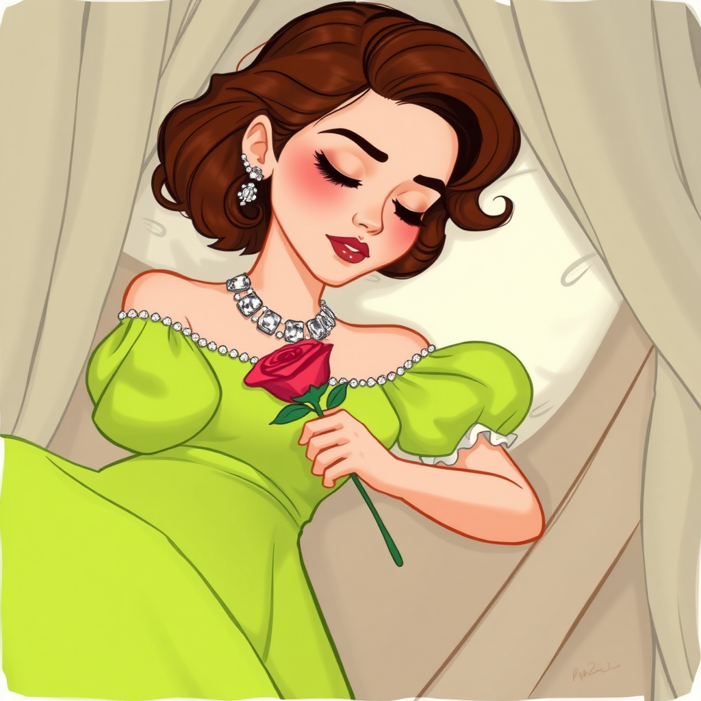 Disney sketch of an alluring, feminine 19-year-old Pakistani prince with short wavy brown hair in a bob with ringlets, rose lipstick, rose blush, long eyelashes, narrow face, wearing a lime green off-shoulder puff sleeve dress with a flowing skirt and white sleeves and a diamond festoon necklace. Sleeping in a funeral bier, eyes closed holding a rose, the bedroom is covered by a large curtain in a palace room as the beauty rests forever in a deep death-like sleep.