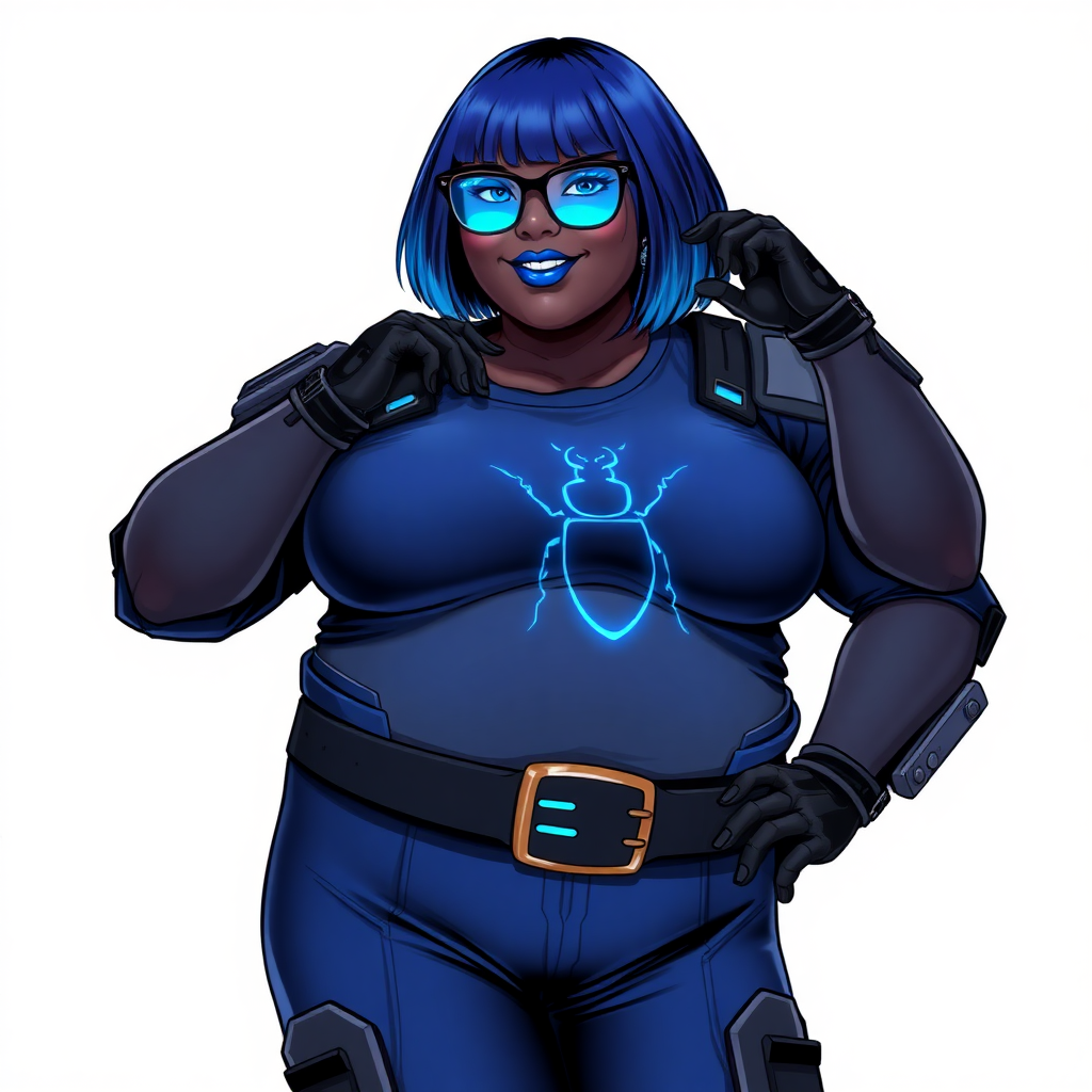 A 28-year-old, full-figured, metallic maximum black (N0) skinned computer program hybrid with a maximum blue bob cut. She has a full-figured, non-athletic build, highlighted by a prominent, round, large midsection (with full emphasis on her large belly), which shows the effects of her new love of junk food acquired from her boyfriend. As the full-figured, nerdy, digital sidekick to her cyberpunk vigilante boyfriend, her metallic maximum black (N0) skin and maximum blue lipstick emphasize her digital nature. She wears a digital, computerized costume, consisting of a huge, tight-fitting, maximum blue t-shirt with a neon blue glowing chest icon of a beetle, hi-tech shoulder pads with neon blue accents, a black hi-tech belt with a maximum blue beetle digital buckle, digital maximum blue biker pants with neon blue accents, and black hi-tech biker gloves with neon blue glowing accents. Her neon blue glowing eyes, black eyeglasses with neon blue lenses equipped with a built-in HUD, and bashful smile with neon red blush accentuate her nerdiness. She stands bashfully with one hand behind her back and the other hand gently touching her cheek, her costume covering all her skin (including her large midsection) and heavily emphasizing her full-figured physique (especially her large belly). She is clearly non-athletic, with a full focus on her full-figured physique. Despite her full-figured build, she radiates beauty. She has a slim face compared to her physique, accentuating her radiant beauty. She is on a solid white background. She is drawn as if she were in a retro 2D cyberpunk fighting game. Ensure she has a maximum black (N0) skin color with a metallic and cybernetic tinge.