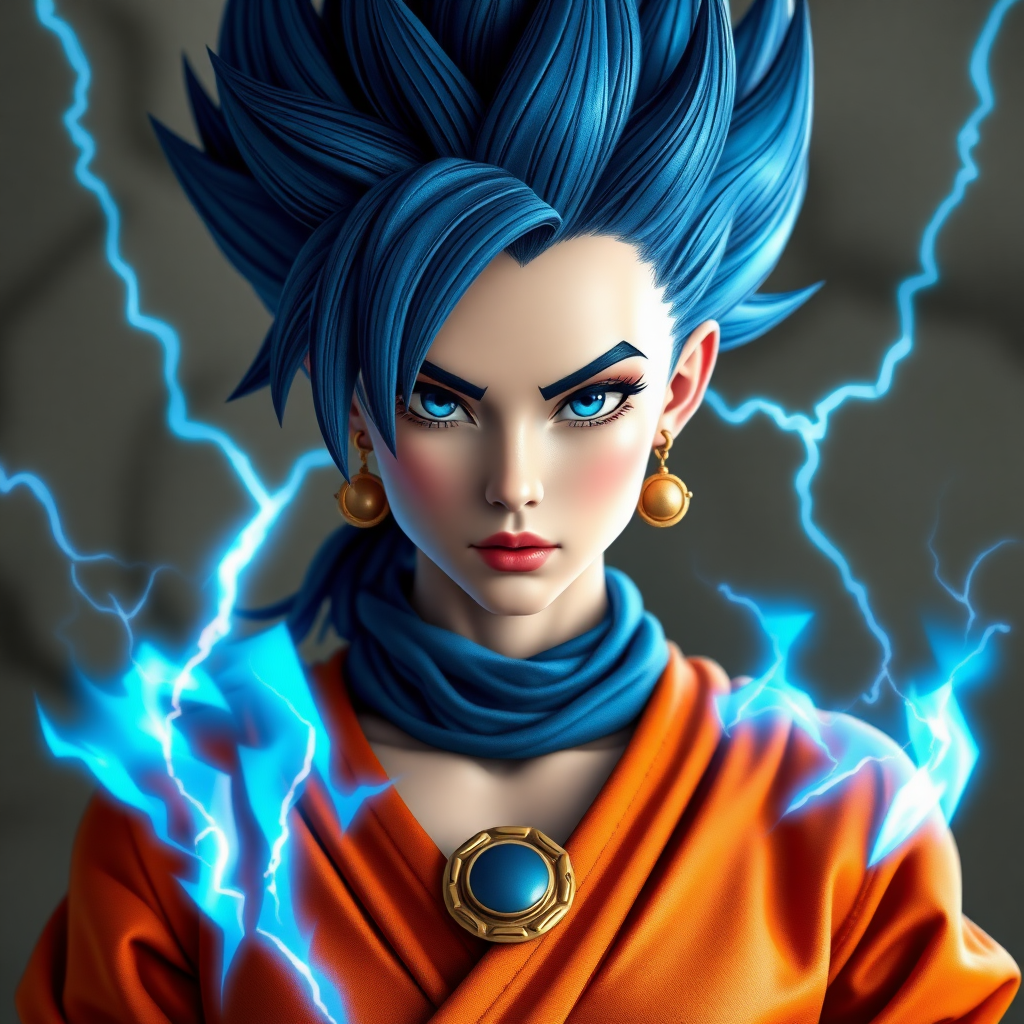 A female super Saiyan Sacred clothing Hand-made style There is blue lightning in the hair Beautiful appearance