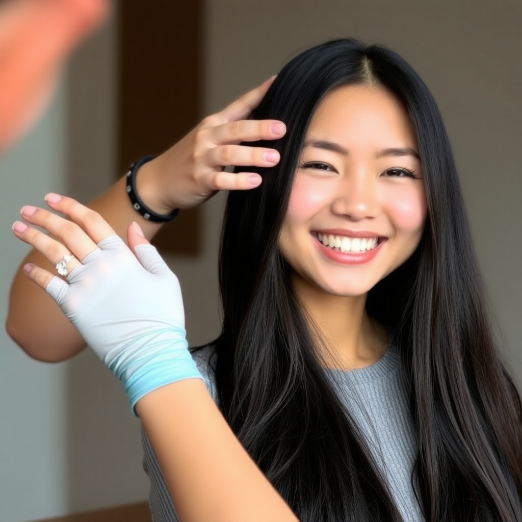 A young Asian woman with long, jet-black hair is happy because she has been helped.