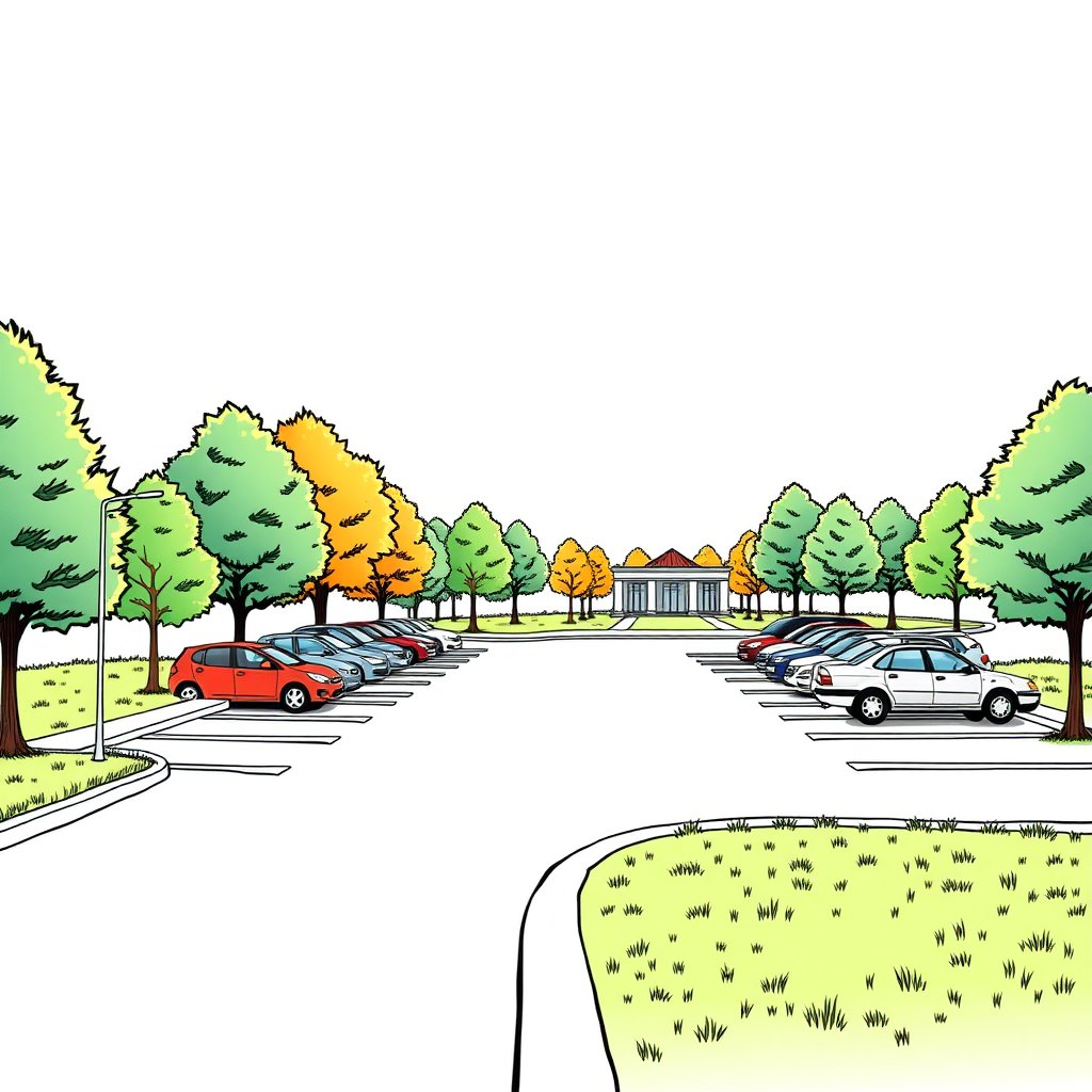 a small parking lot between borders, trees, lawn, colorful image long establishing shot, 2D, caricature, cartoon, Sketch lines, coloring book, coloring book style on white background, well composed, clean coloring book page, No dither, no gradient, strong outline, No fill, No solids, vector illustration, realistic proportions, left side view