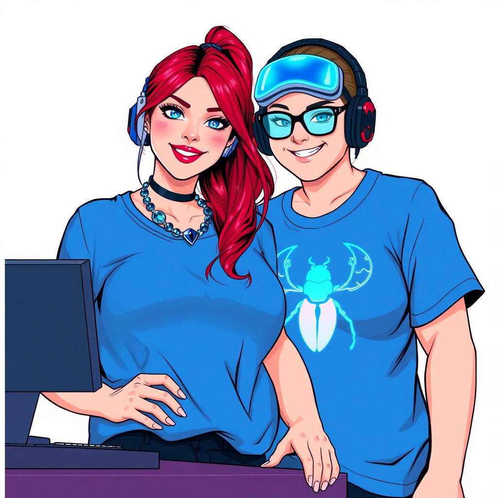 A cyberpunk vigilante’s full-figured intelligent and tech-savvy 29-year-old girlfriend, who is a computer hacker and tech genius. She has a long ruby red ponytail and bright blue eyes. She wears a sapphire beetle gemstone necklace, and an oversized maximum blue t-shirt featuring a neon blue glowing icon of a beetle on its chest. She has a full-figured physique with a prominent, gargantuan, round midsection, reflecting her well-cared-for lifestyle. She sports a sapphire headset with hi-tech maximum turquoise lensed HUD visor, black eyeglasses, and a beaming smile with a passionate bright red blush. Despite her figure and a lack of self-esteem, she radiates beauty. She has a slim face which contributes to her radiant beauty. She serves as his tech expert from his hideout, diligently working at her lab table and computer desk. The background is solid white. She is drawn as if she was in a retro 2D cyberpunk fighting game.