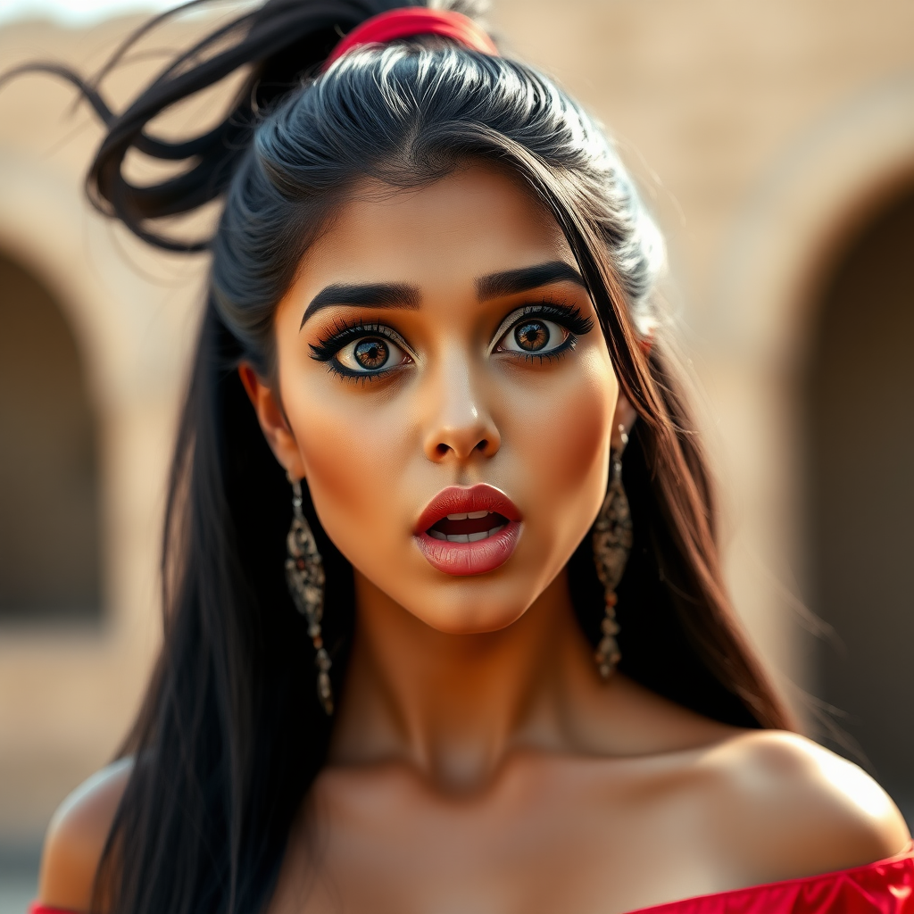 surprised Arabian girl with mouth open. She has very large eyes, black eyeshadow, black eyeliner, fake eyelashes, very tanned skin, very long hair. very high ponytail, red off shoulder shinny crop top. photo realistic, black hair