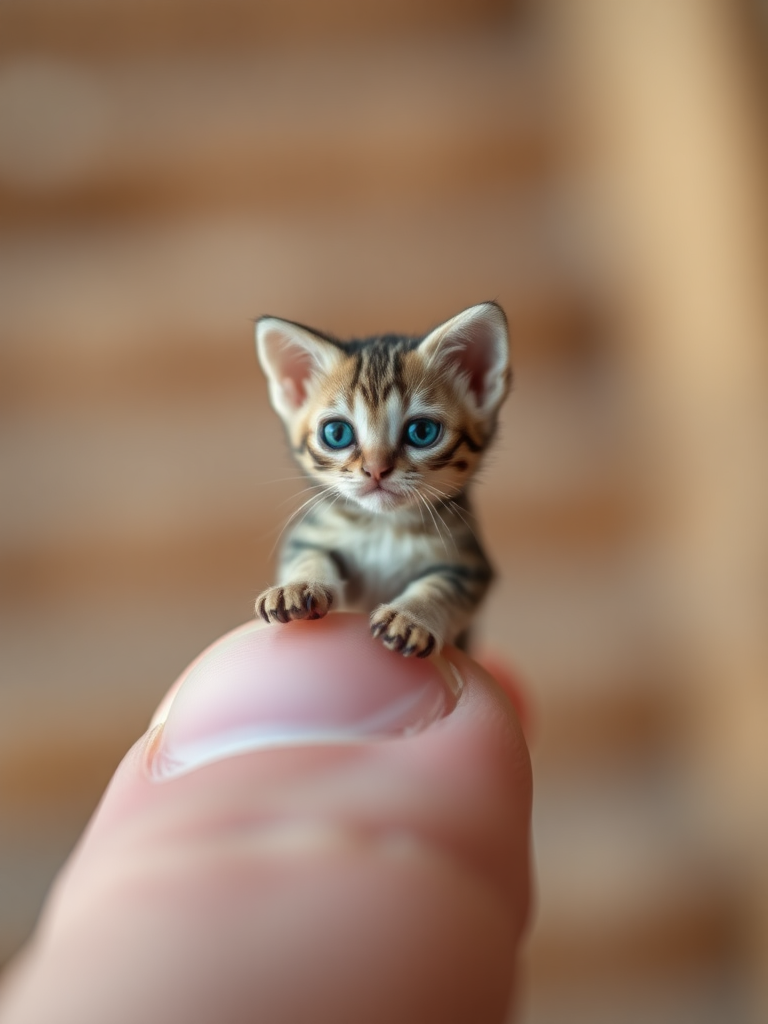 photo a fingers holding an extremely tiny miniature cat, with a steppes background, captured through macro photography, resulting in a shallow depth of field. --ar 16:9 --v 6.1