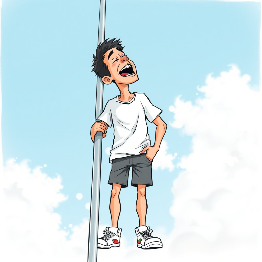 nervous short 20 year old european skinny man, short white t-shirt, standing, stunned, mesmerized, joyful, heavy drooling, heavy sweating, climbing a high pole, side view, sneakers, detailed feet, 2D, caricature, cartoon, Sketch lines, coloring book, coloring book, colorful image,