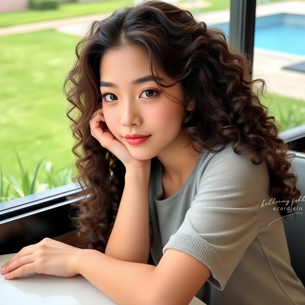 A young 18-year-old beautiful Xiaohongshu blogger, with fair skin, big eyes, long curly hair, an oval face, and very slim, sitting in a café, leaning on the table, with green grass and a swimming pool outside the window.