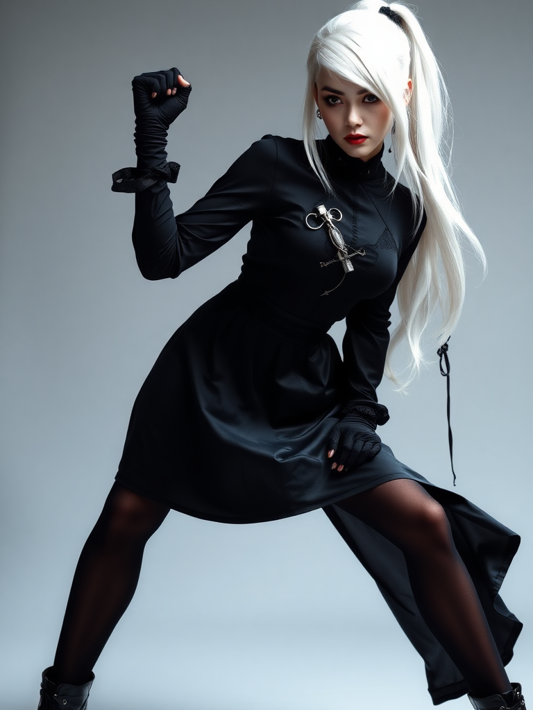 mature adult woman, skinny and tall, long legs, large shoulders, teardrop saggy small breast, long asymmetric undercut layered white hair, side swept bang, long white ponytail tied with a black lace, beautiful detailed face, piercing red eyes with intricate iris details, looking at the camera with a serious expression, wearing gothic style, black silk long sleeve top, black silk long skirt, black pantyhose, black gloves, black ankle boots, standing in a fierce pose with her head held high