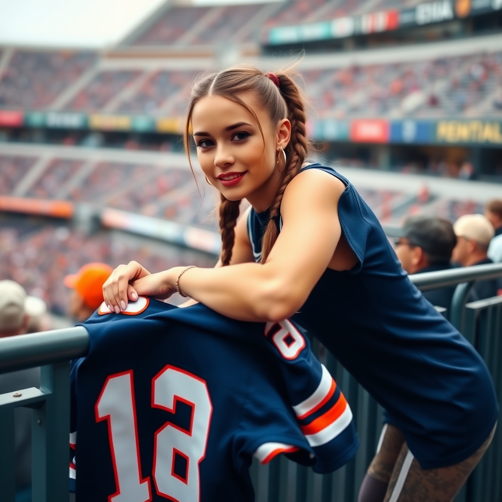 Attractive female NFL fan, pigtail hair, leaning forward over first row stadium barrier, holding a spare jersey