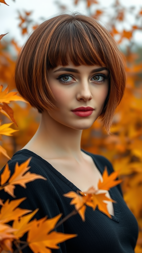 Beautiful model Anne Hathaway with a bowl cut hairstyle featuring different shades of color, surrounded by autumn chestnut foliage, in high definition.