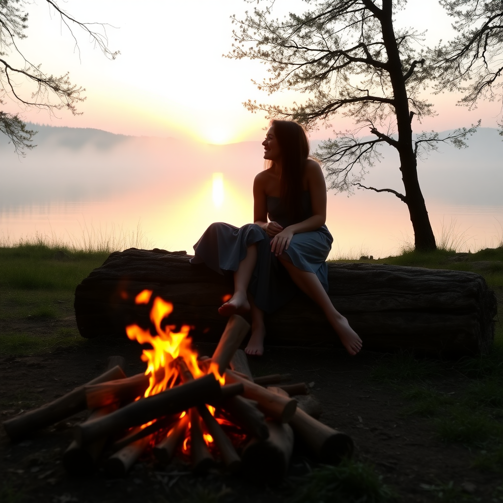 A young woman and her male friend sitting on a trunk. A fireplace is on the ground at the shore of a lake. She has long brunette hair. She is wearing a dress. Barefoot. They are laughing together. The sinking sun is falling through the trees. A little fog is rising from the lake. Light like in a fairy tale, romantic. Photo.