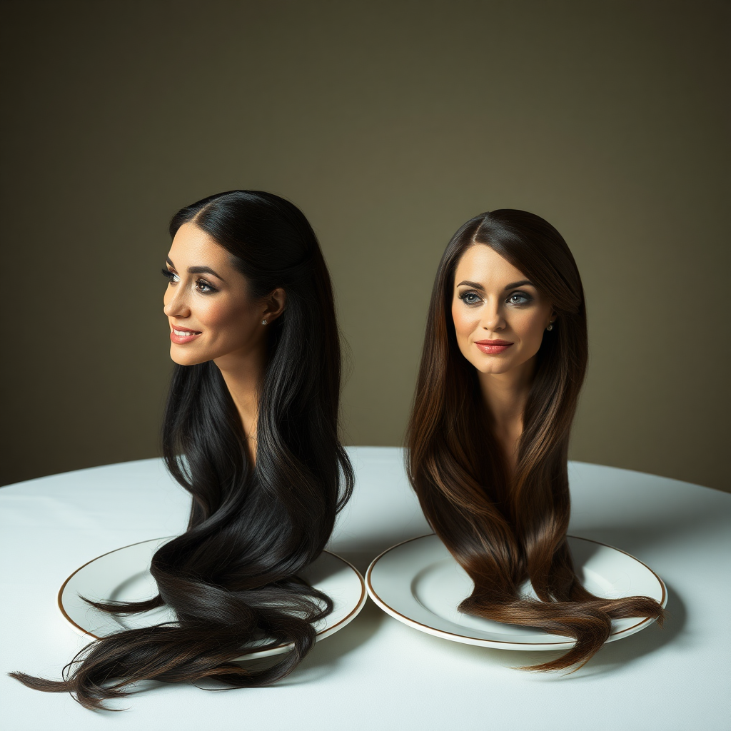 Surreal image of the disembodied heads of very long haired Meghan Markle and Kate Middleton served on plates.