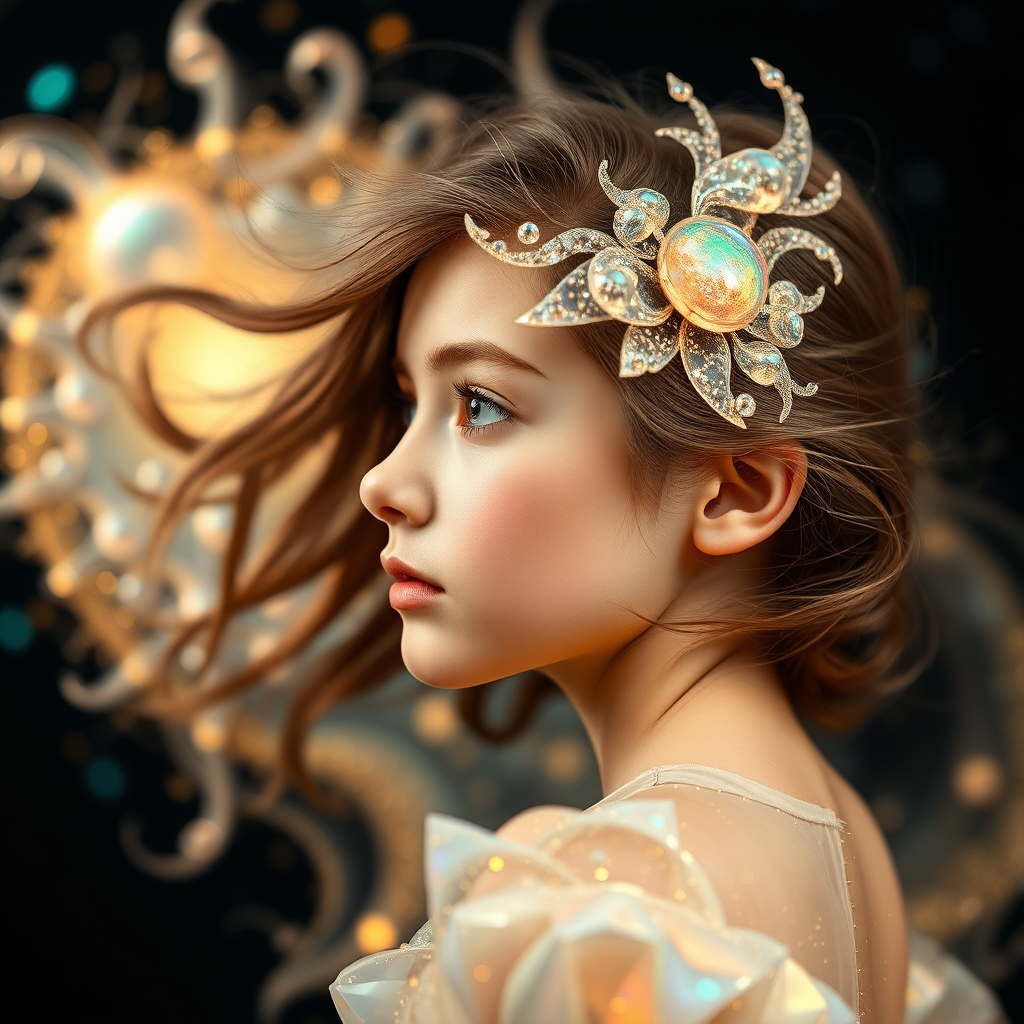 preteen girl in dynamic pose, in profile, abstract, mandelbulb fractal, ultra-detailed, dynamic composition, artistic photograph, fractal, brilliant colors, glittering, translucent, opal, gold, sharp focus, floral, mother of pearl, iridescent, natural, glowing, Bokeh