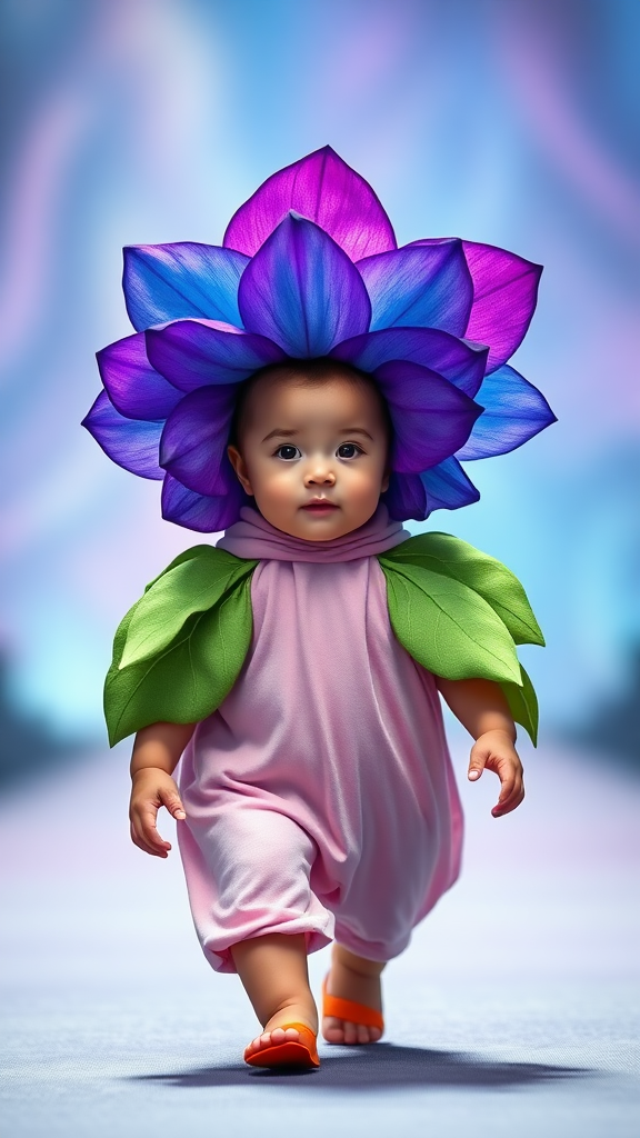 A charming baby dressed in an artistic, vibrant flower costume. The baby is wearing a large purple and blue flower petal headpiece, resembling a blooming flower, with green leaf-like arm details. The baby is walking on a runway with soft lighting and blurred background, creating a dreamy and magical atmosphere. The overall theme is whimsical, with a focus on vibrant colors, texture, and organic forms inspired by nature. The baby's outfit has a smooth, flowing fabric texture, making it look like a delicate flower come to life.

"HD,4k, high resolution pic