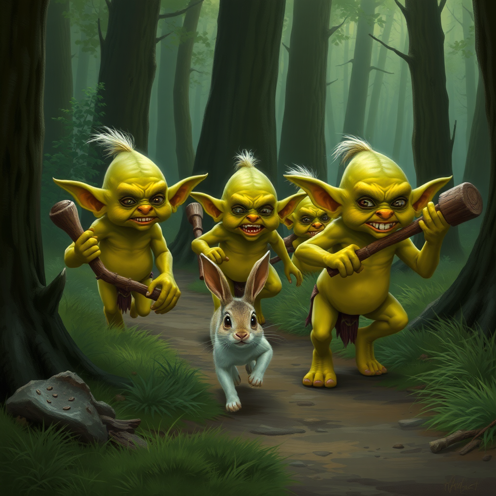 A realistic picture of several greenish yellow goblins of different sizes and looks with wooden clubs in one hand looking at and chasing after a fleeing bunny along a forest path.