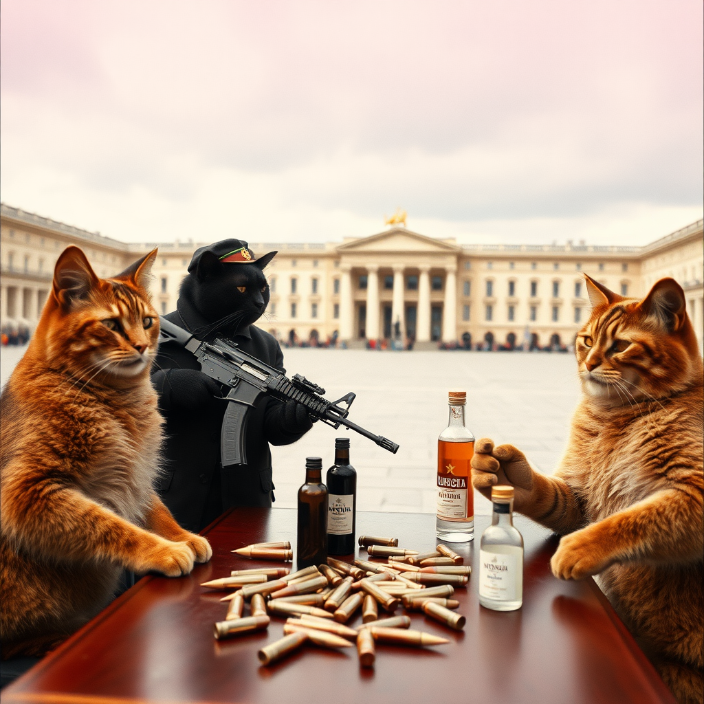 4 cat-men in a large square, a dark-skinned one holding an AK-47, an orange one with a Russian military cap, a dark brown one and a light brown one, Soviet communist with vodka, around a table with bullet shells on it (film photo style)