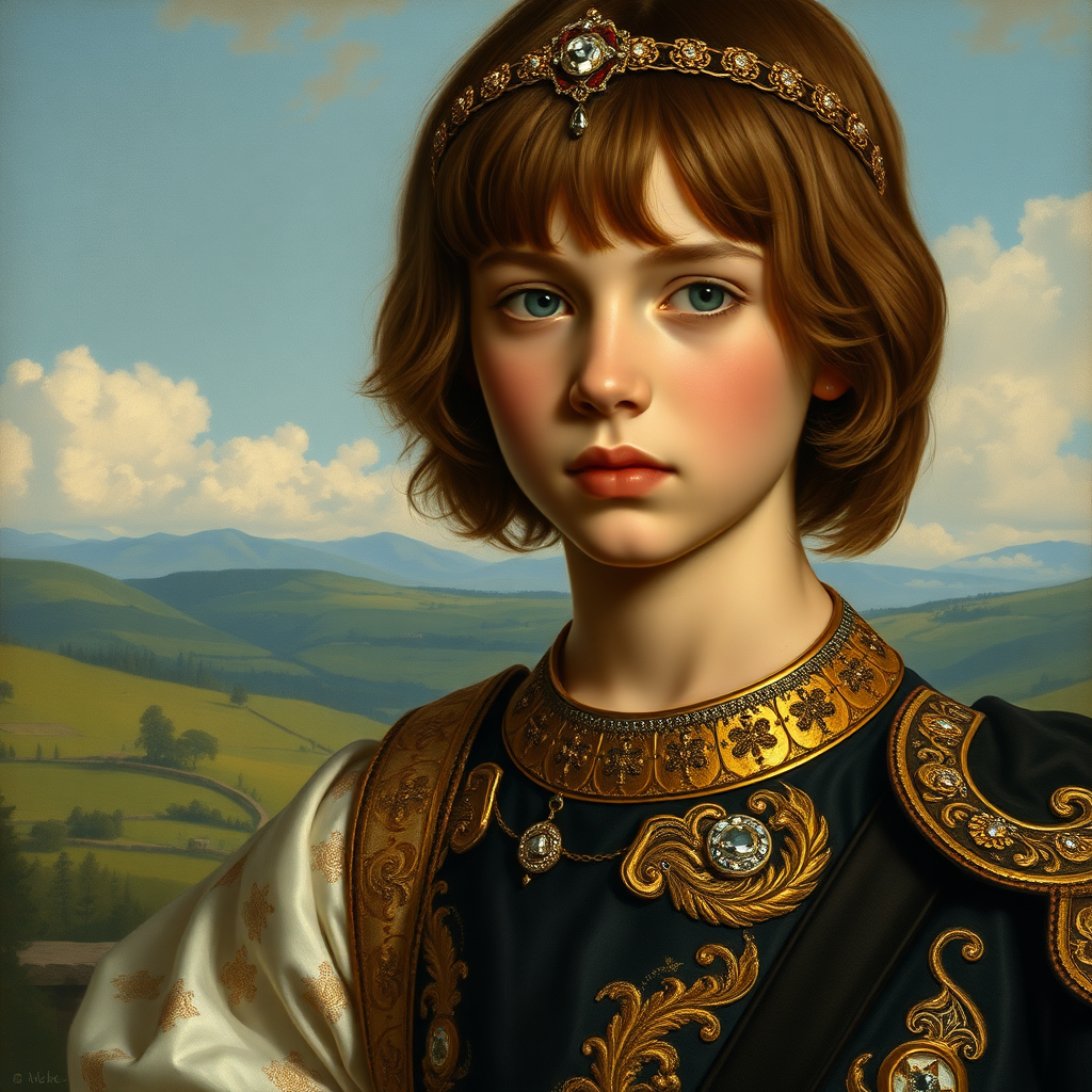 16yo teen boy prince, long bob cut, embroidered with gold and diamonds medieval cloths, diamond diadem, and Beautiful War. Free style by Adolphe William Bouguereau, Academic realism. The background is in the style of landscape style by Antonio del Polaiolo, Generating the signature at the bottom: Viva FLUX & Bach, ultra high resolution, 16K,