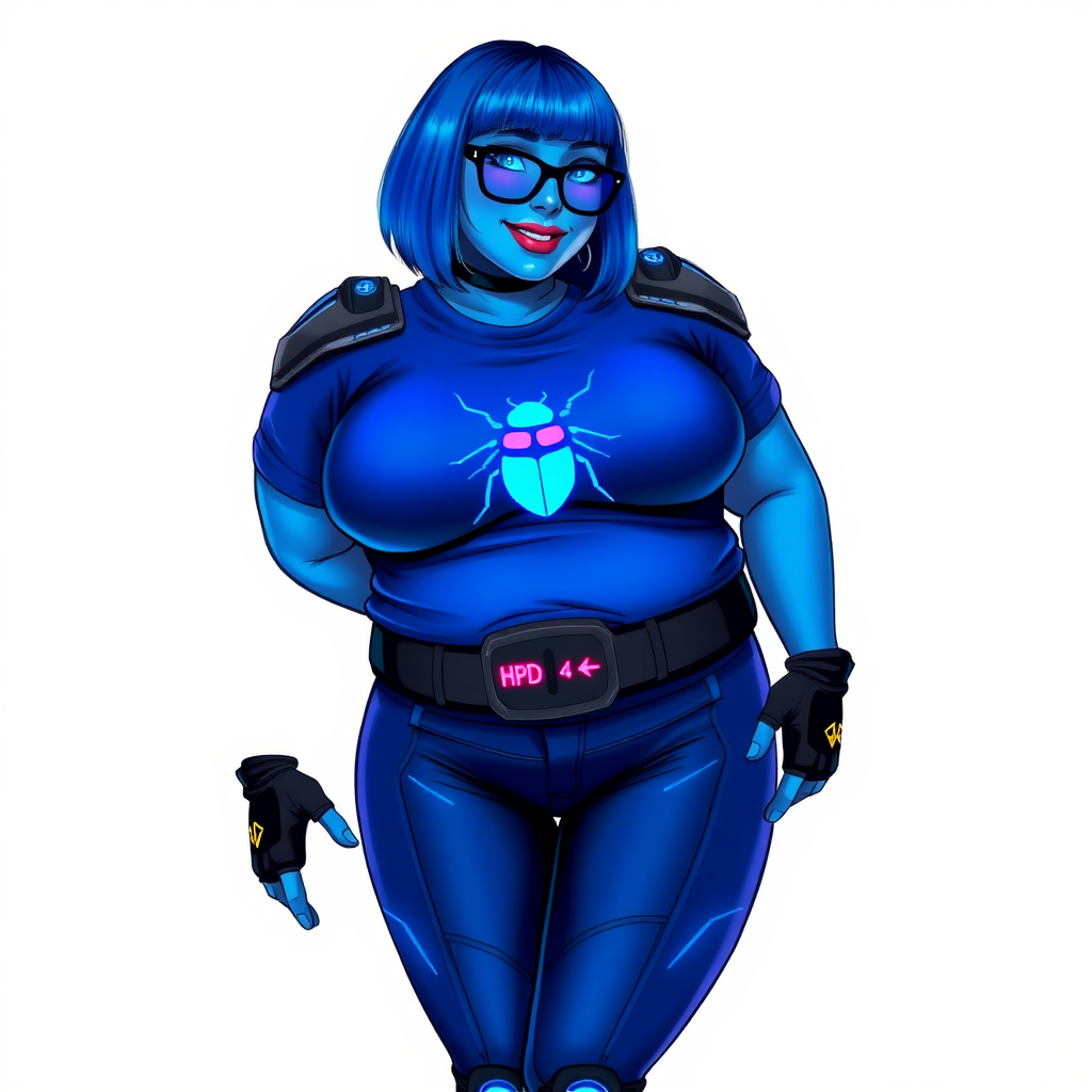 A 28-year-old, full-figured, metallic maximum blue (5PB 5/12) skinned computer program hybrid with a maximum blue bob cut. She has a non-athletic build, highlighted by a prominent, round, large midsection (with emphasis on her large belly), which shows the effects of her new love of junk food acquired from her boyfriend. As the full-figured, nerdy, digital sidekick to her cyberpunk vigilante boyfriend, her metallic maximum blue skin and maximum blue lipstick (5PB 5/12) emphasize her digital nature. Her skin has a subtle, animated glow, with digital patterns occasionally flickering across it, making her digital nature obvious. She wears a digital, computerized costume, consisting of a huge, tight-fitting, maximum blue t-shirt (5PB 5/12) with a neon blue glowing chest icon of a beetle, hi-tech shoulder pads with neon blue accents, a black hi-tech belt with a digital neon blue glowing buckle, digital maximum blue biker pants (5PB 5/12) with neon blue accents, and black hi-tech fingerless biker gloves with neon blue glowing accents. Her neon blue glowing eyes, black eyeglasses with neon blue glowing lenses equipped with a built-in HUD, and bashful smile with neon red blush accentuate her nerdiness. She stands bashfully with one hand behind her back and the other hand gently touching her cheek, her costume covering all her skin and emphasizing her full-figured physique (especially her large belly). She is clearly non-athletic, with a focus on her full-figured physique. Despite her build, she radiates beauty. She has a slim face compared to her physique, accentuating her radiant beauty. She is on a solid white background. She is drawn as if she were in a retro 2D cyberpunk fighting game.