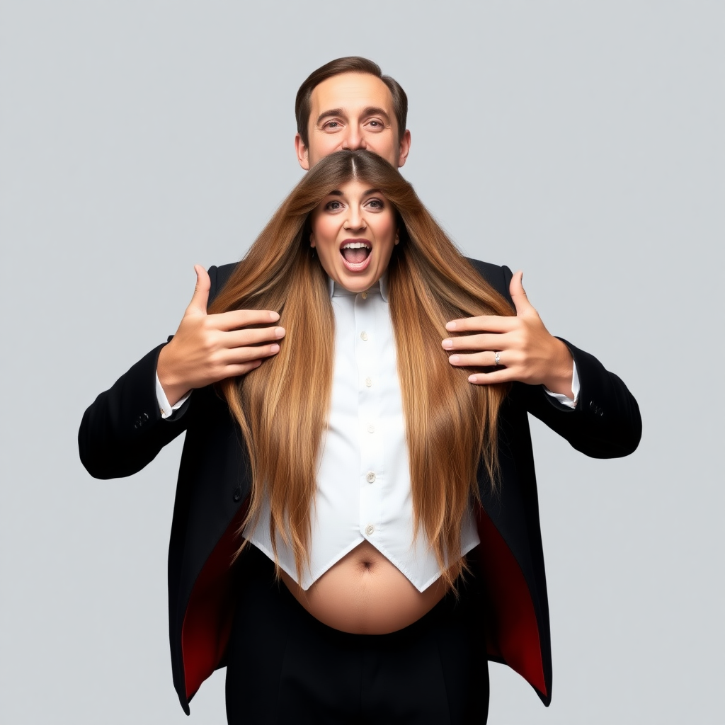 A surreal image of a smiling male magician holding the disembodied head of a very long haired Kate Middleton in front of his crotch.  Plain gray background.