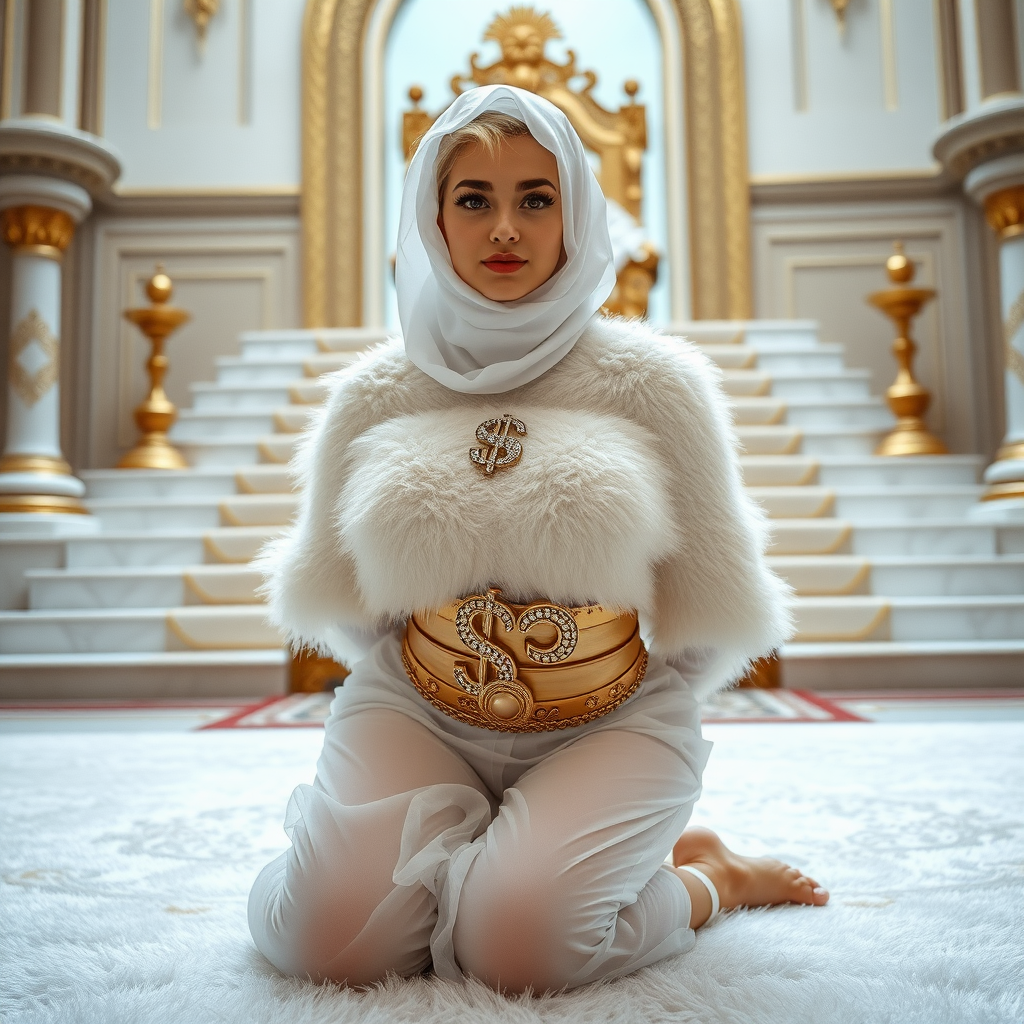 Kuwait desert palace throne room, throne raised on stair head, old overweight mighty sheik sitting on throne. In front of stairs, kneeling on white fluffy carpet: Melissa, European 17 years old very convincing femboy “trophy-bimbo”, tamed servile docile, rather short, by hormones very curvaceous womanly figured, platinum blond short tight curls, heavily made-up eyes, wearing Supertanya-style fluffy very fuzzy bright white angora turtleneck-poncho cropped ending under bust decorated with pearls and gemstones, striking oriental wide gold bridal protection belt, white fully transparent harem pants, full Oriental bridal jewelry, face covered by white sheer full Burka, coin anklets, striking diamond “$$$” letter brooch on left chest, pout frustrated, hands tied behind back, looking at camera. Focus on face and turtleneck-poncho, side perspective.