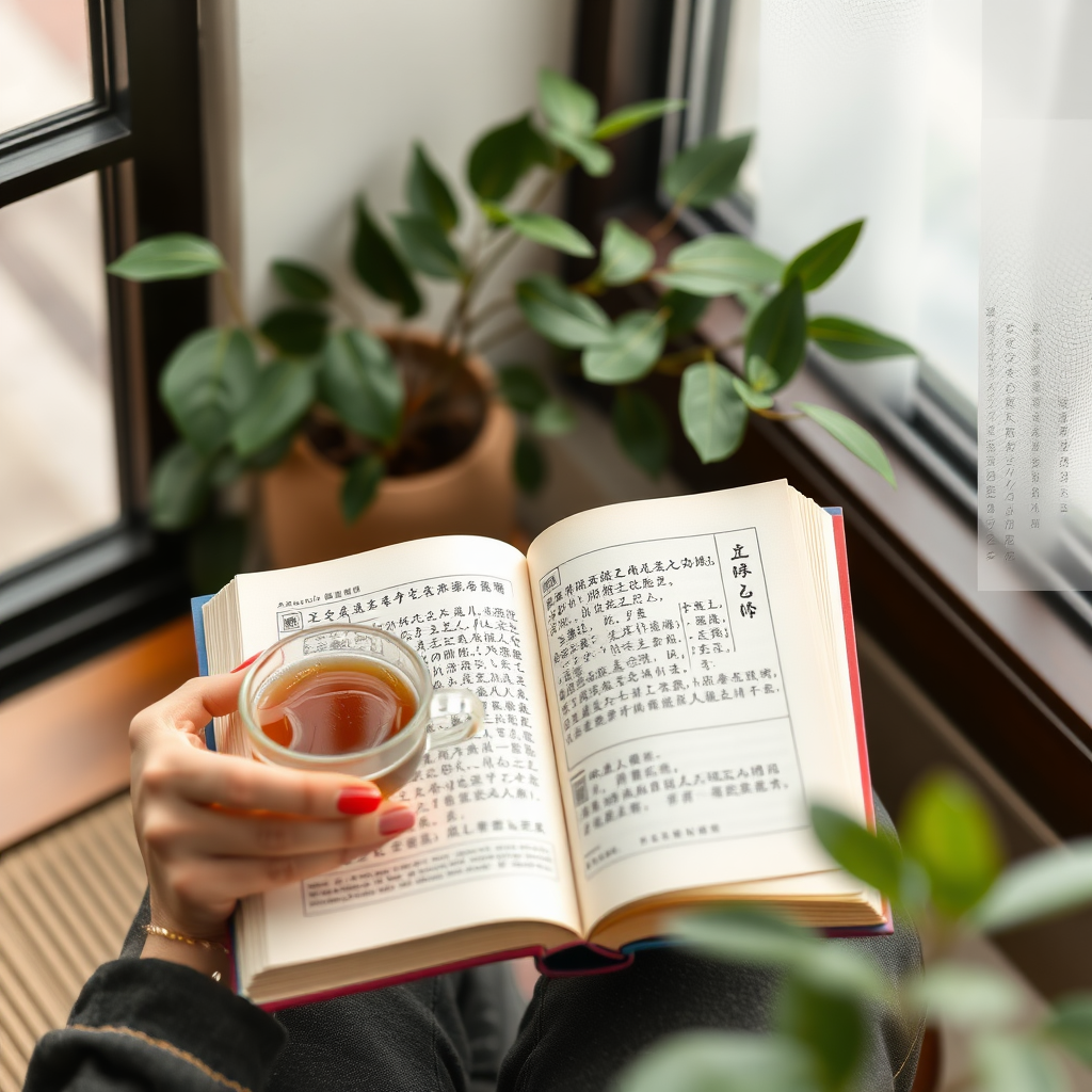 Reading a Chinese book while drinking tea.