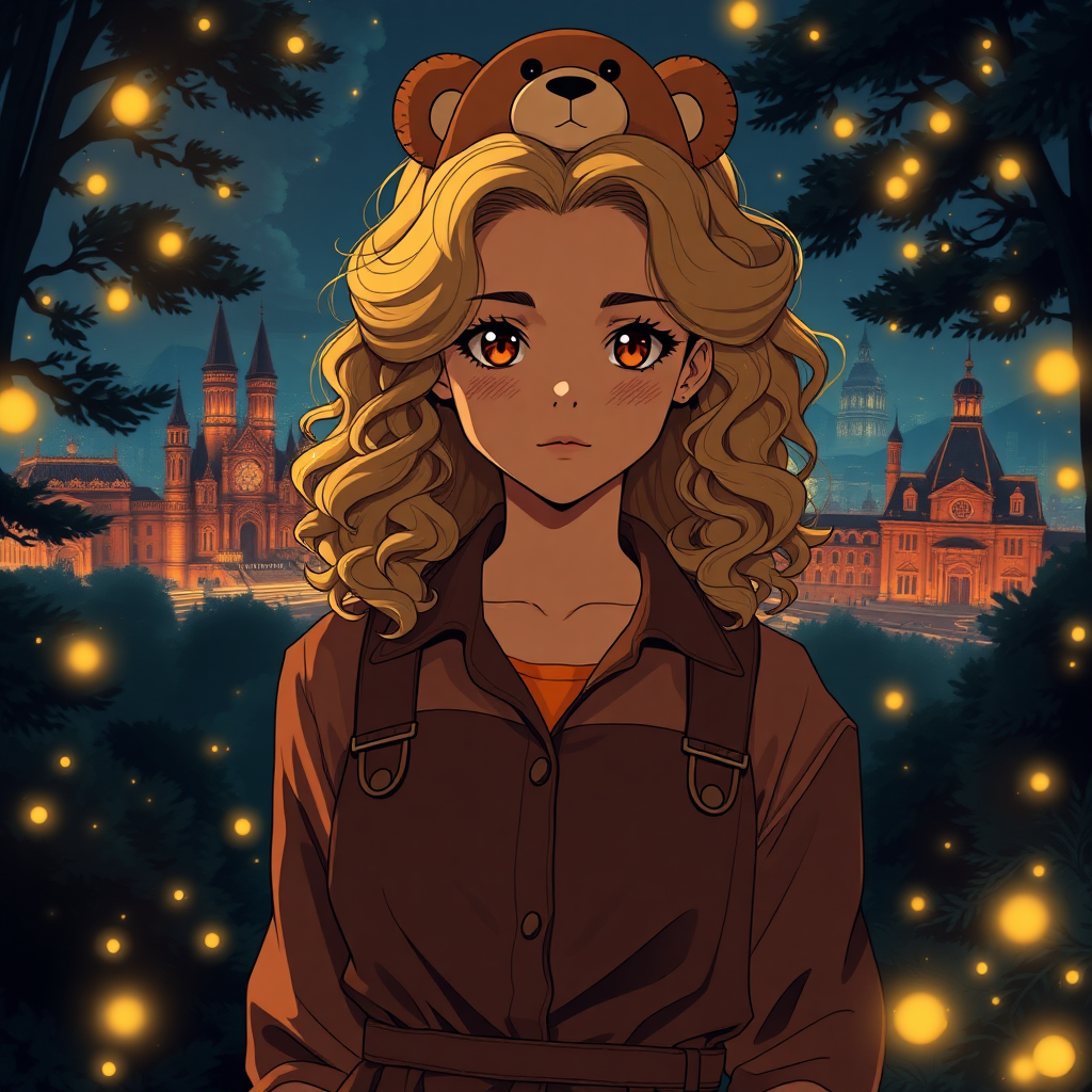 Create a detailed, 80s anime-style image of a 25-year-old woman with olive skin. Her eyes are amber and orange in color. Her hair is voluminous and curly to her shoulders. She has delicate features and her face is strong and cute at the same time. She wears a brown jumpsuit and an orange blouse underneath. She has freckles on her face. It's in the middle of a dark forest, lit by fireflies that glow softly. In the background, a city with fantastic architecture, giving a magical touch to the scene. The image must be anime style, capturing every detail with precision and 8k quality. It looks like a photograph. Extremely anime. 25 years old. She wears a bear clip on her head. Beautiful. Beautiful. Extremely realistic. Beautiful appearance. Shiny golden blonde hair.