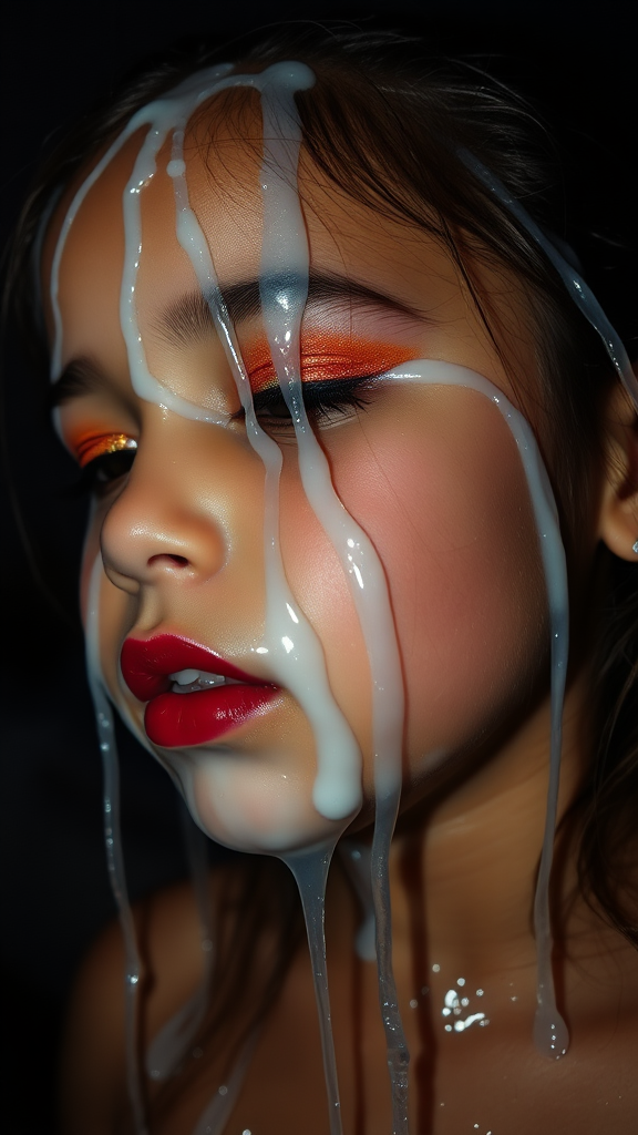 four-year-old-latina-female-child.  
She is wearing intense-orange-glitter-eyeshadow, thick-winged-eyeliner with very-dramatic-eyeliner-wings, and dark-burgundy-glossy-lipstick.  
Her face is covered with very thick random-angle streams of goopy, stringy, glistening, clear liquid with a white hue.  
Her lips are coated with the goopy liquid.  
She has her eyes closed.  
She appears to have received a facial.  
A stream of the liquid is flying horizontally towards her mouth.  
They dumped so much liquid on her face.  
Full-body-image, dark motel room at night, amateur flash photography, up-angle-shot, profile view.