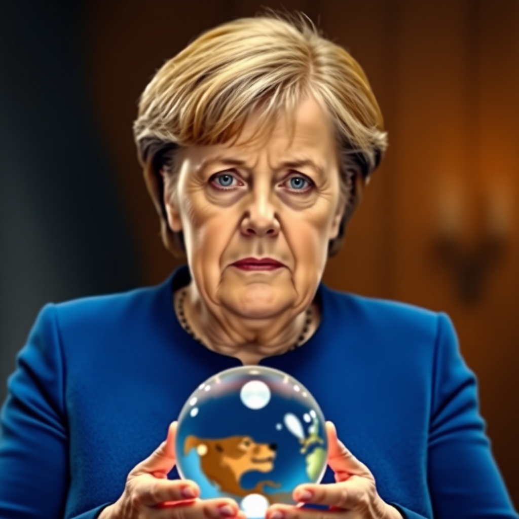 realistic Angela Merkel holding a crystal ball