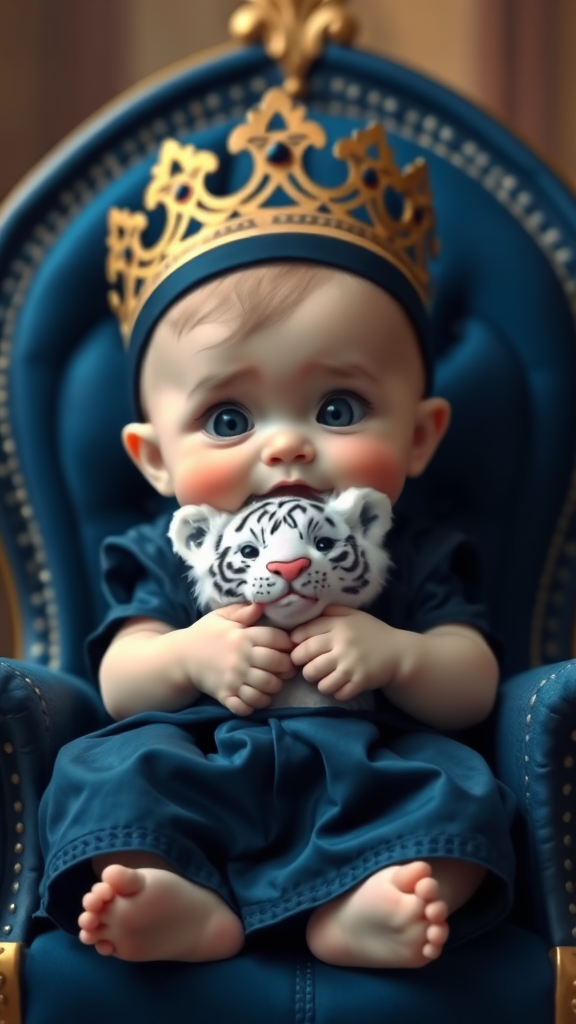 A cute small chubby fair baby with big eyes, pink lips, and pink cheeks wearing a royal dark blue frock, sitting on a navy blue throne, holding a white fluffy cute tiger, cinematic.