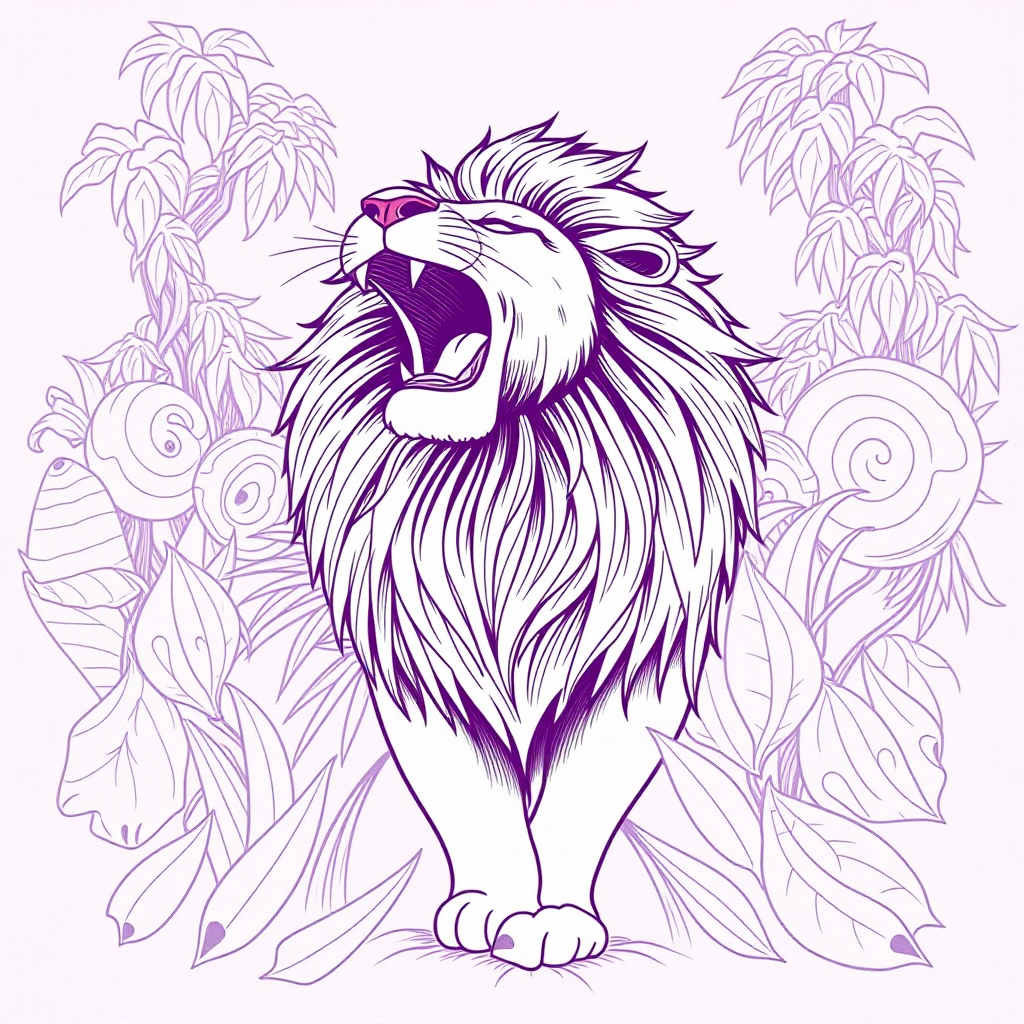 Detailed illustration of majestic lion roaring proudly in a dream-like jungle, purple white line art background, clipart on light violet paper texture