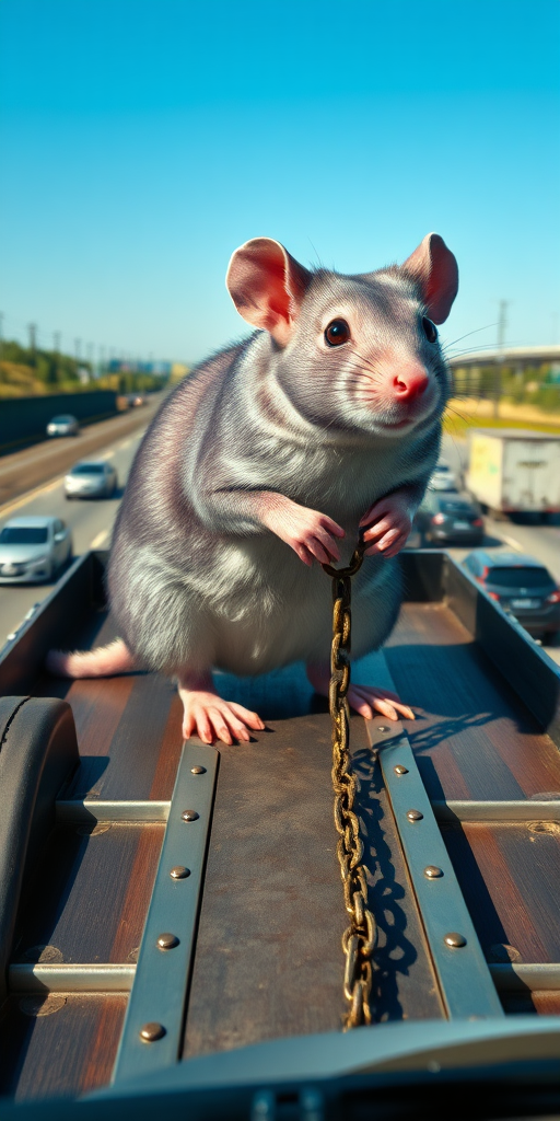 version 2: A hyper-realistic, professional photo of a giant mouse chained to the back of a flatbed truck driving on a busy highway. The mouse is highly detailed with realistic textures on its fur and shows a mix of purple, gray and white colors with a slight sheen in sunlight. The scene captures the high level of detail inside the truck, with polished metal parts and rubber tires. The highway is full of cars and trucks driving in the background. The atmosphere is bright and clear; realistic sunlight casts shadows on the mouse and the truck. The camera angle is raised slightly, capturing the full size of the mouse relative to the truck, emphasizing the absurdity of the scene with excellent depth of field and focus on the mouse and the vehicle. Popular on ArtStation, ultra-detailed, photorealistic, with rich textures and high dynamic range (HDR) effect