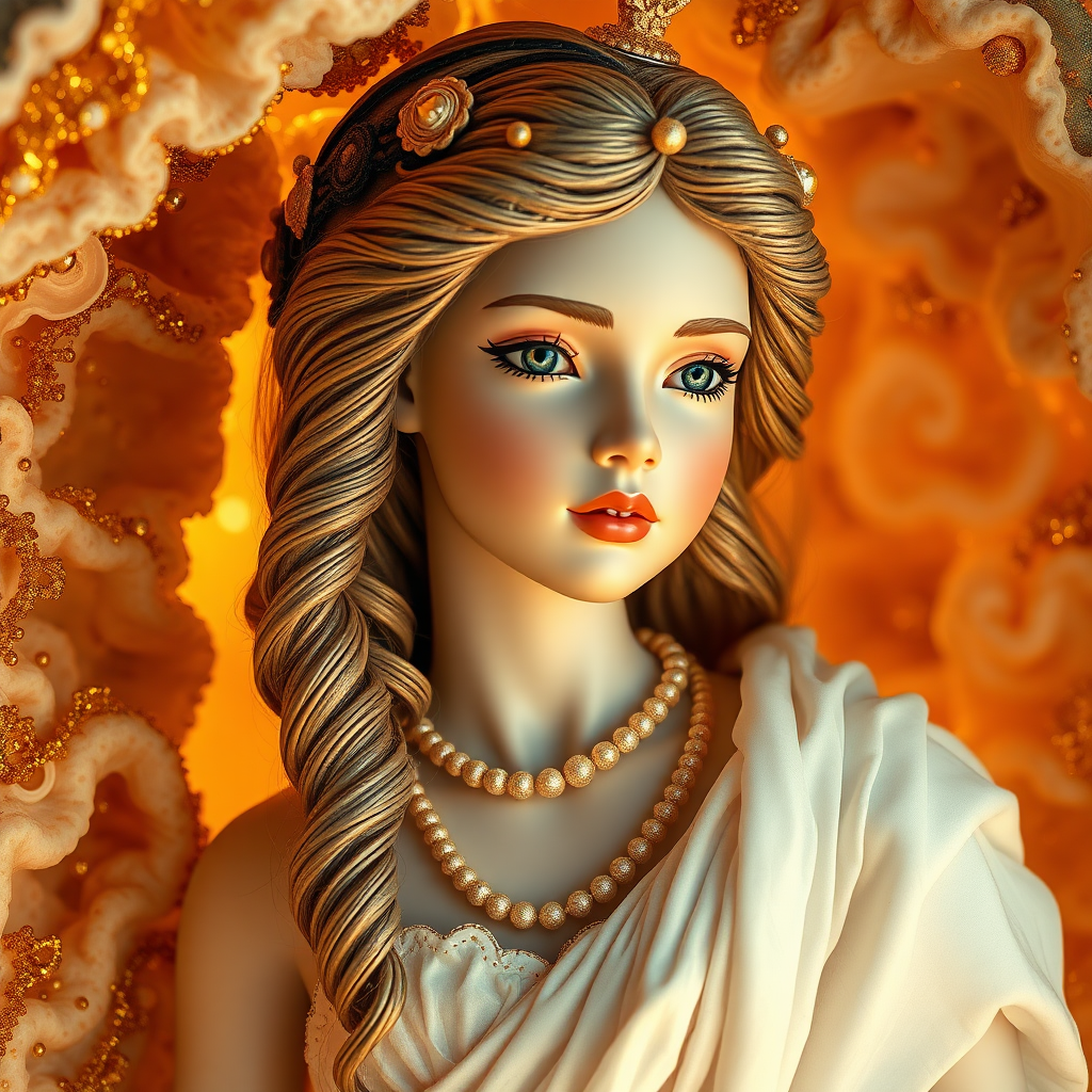 porcelain doll, young girl, Greek goddess, high quality photo, intricate environment, ultra-detailed, impressionistic, dynamic composition, artistic photograph, geode, alabaster, gold, fractal, brilliant colors, glittering, sunlight, illumination, transparency, translucent, coral