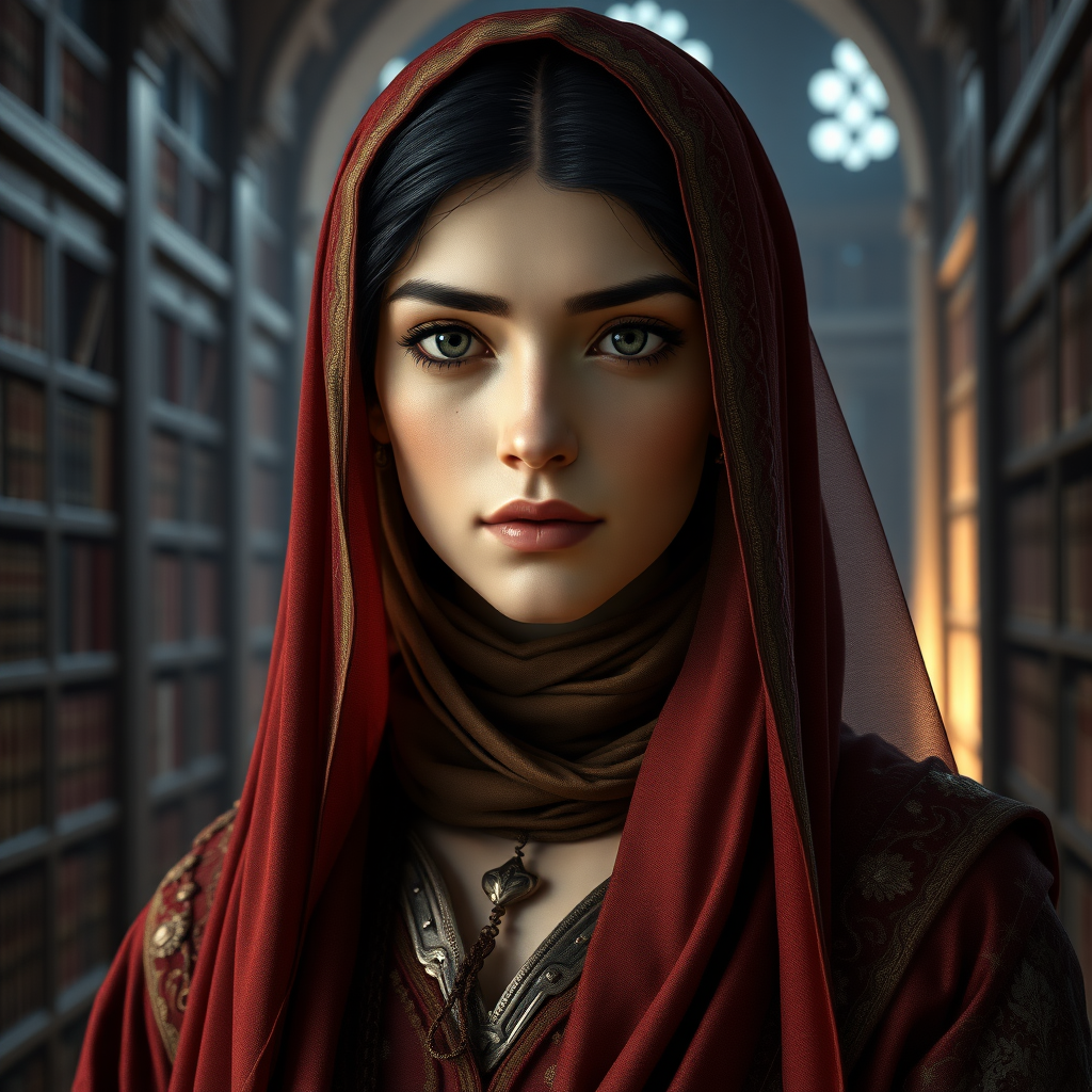 In the world of Vampire the Dark Ages, a 17-year-old Muslim woman with Arabic features and a corpse-like complexion, dressed like a Persian woman from the Middle Ages. The image should depict the character from the head to the waist. The background should show a medieval library. high definition, photorealistic, 16K.